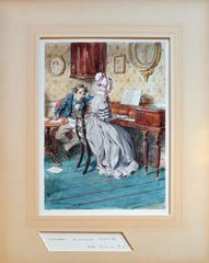 « The Newcomes, Chapter XI » - Aquarelle figurative du début du XXe siècle avec piano