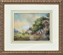 Antique Late 19th Century Swiss Farm Scene Landscape