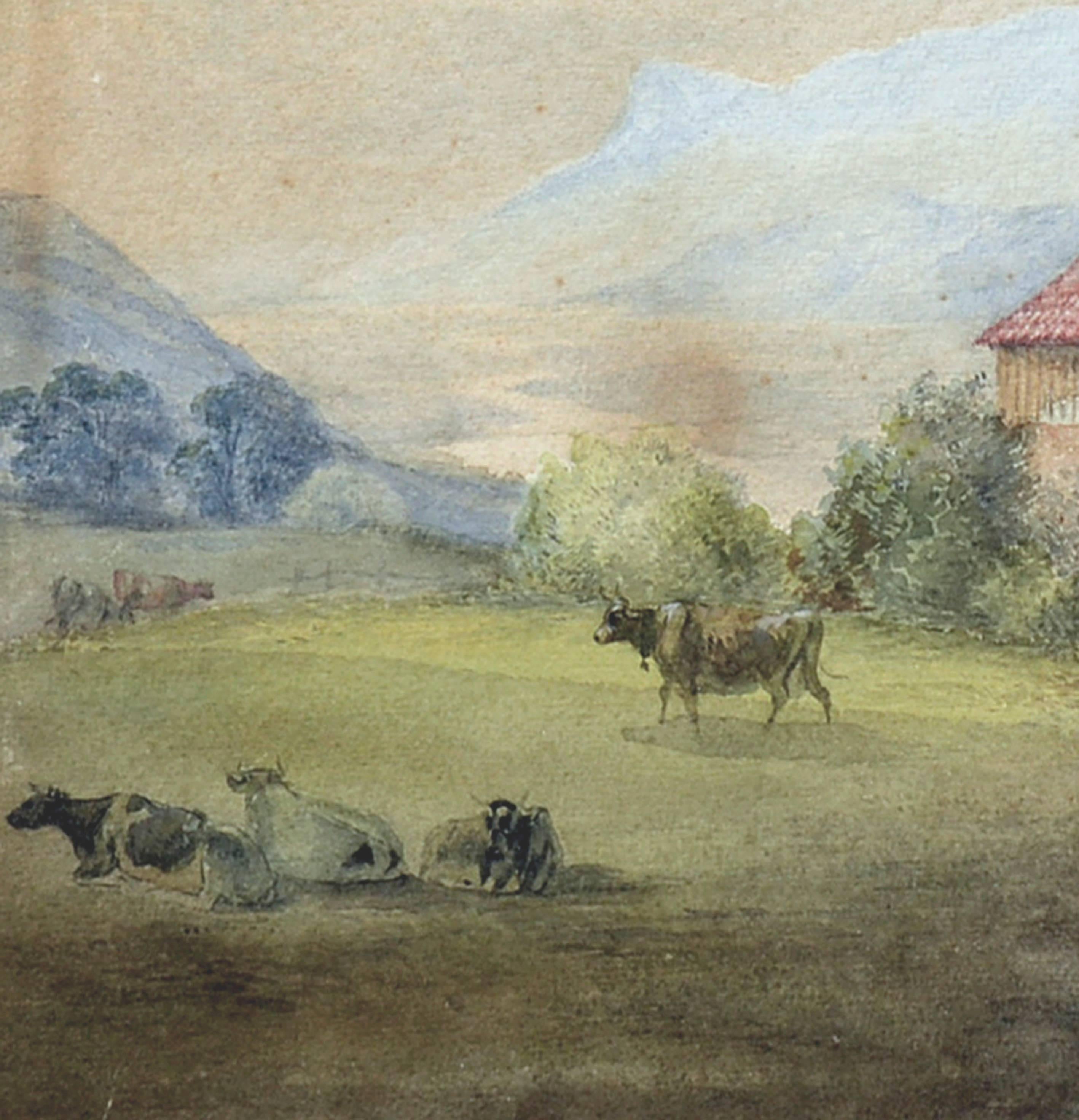 Paysage de scne de ferme suisse de la fin du XIXe sicle - Beige Landscape Art par Unknown