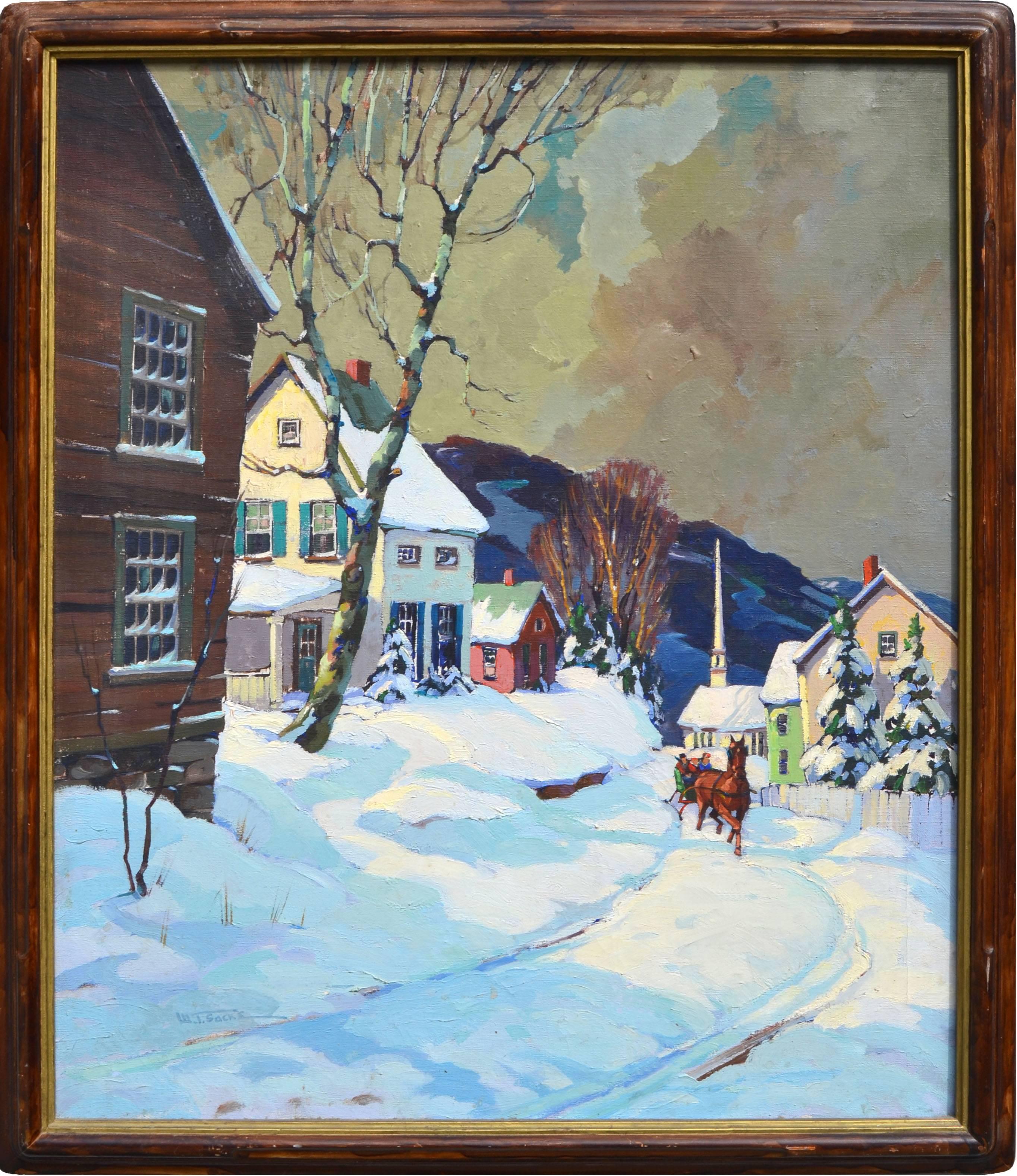 Walter Thomas Sacks Figurative Painting - Stowe Vermont Village Sleigh Ride, Mid Century Winter Figurative Landscape