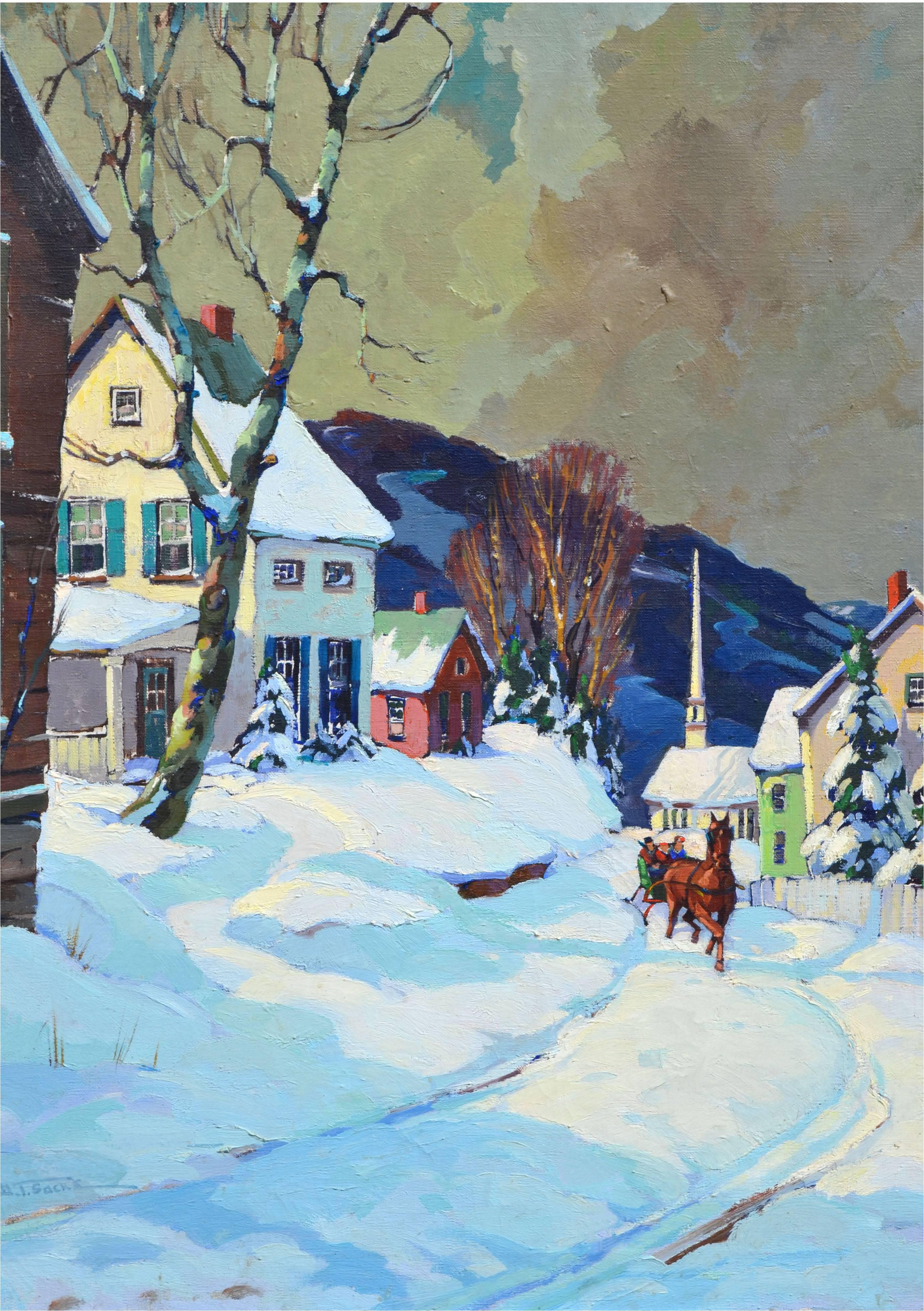 Stowe Vermont Village Sleigh Ride, Mid Century Winter Figurative Landscape - Painting by Walter Thomas Sacks