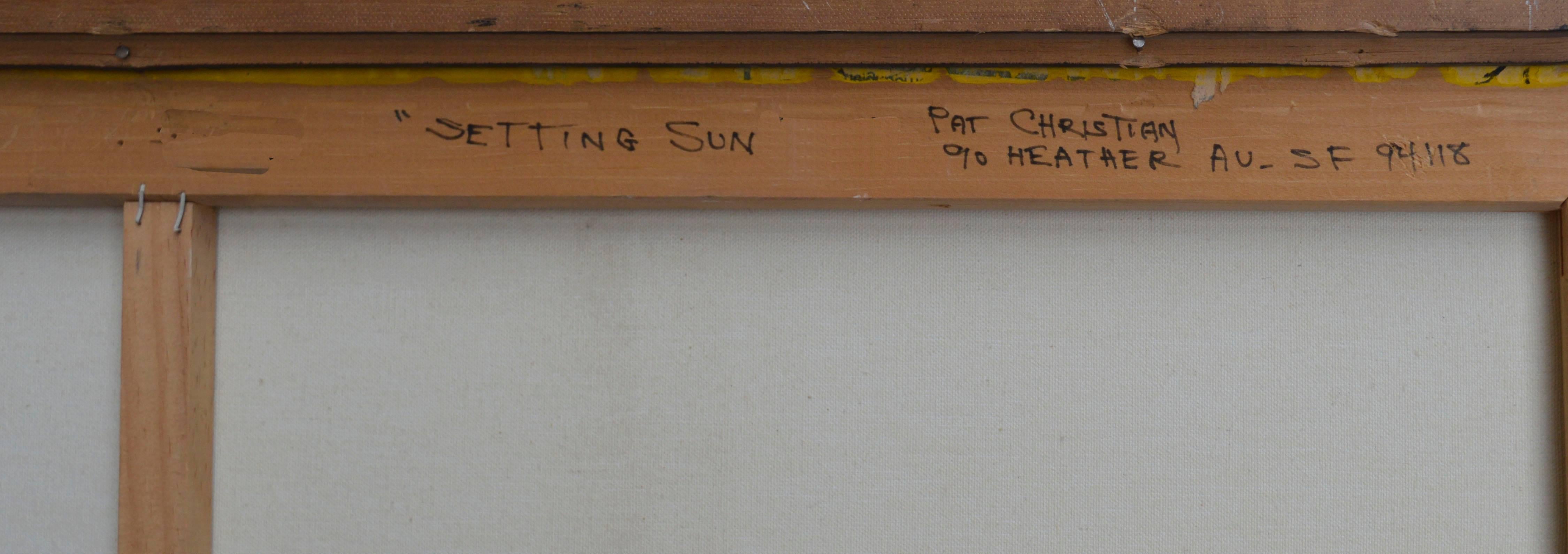 Setting Sun de Pat Christian:: expressionniste abstrait de la baie de San Francisco dans les années 1960 - 1980. Circa 1969. L'image mesure 30 po. (H) x 40 po. (L). 
Encadré 42 po. de haut x 32 po. de large.