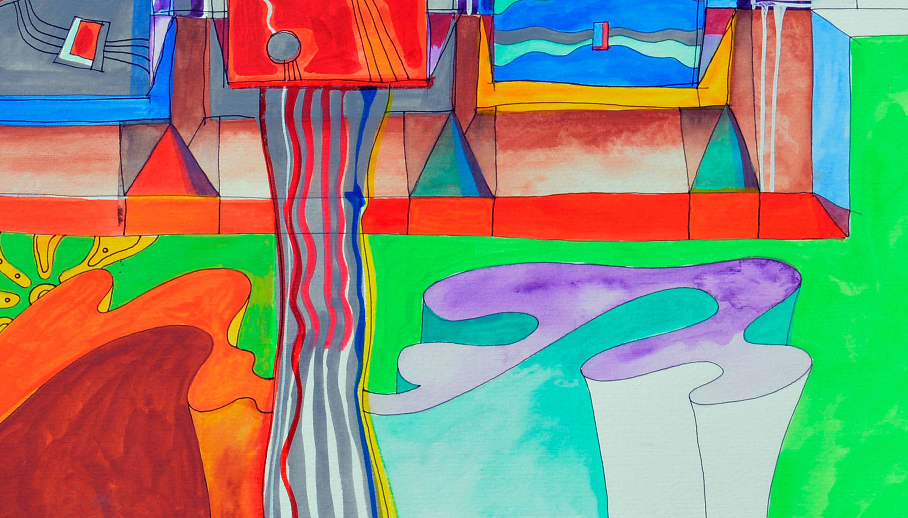 Psychedelische Handtaschen – Surreale Visonary-Landschaft  (Pink), Landscape Painting, von Michael William Eggleston