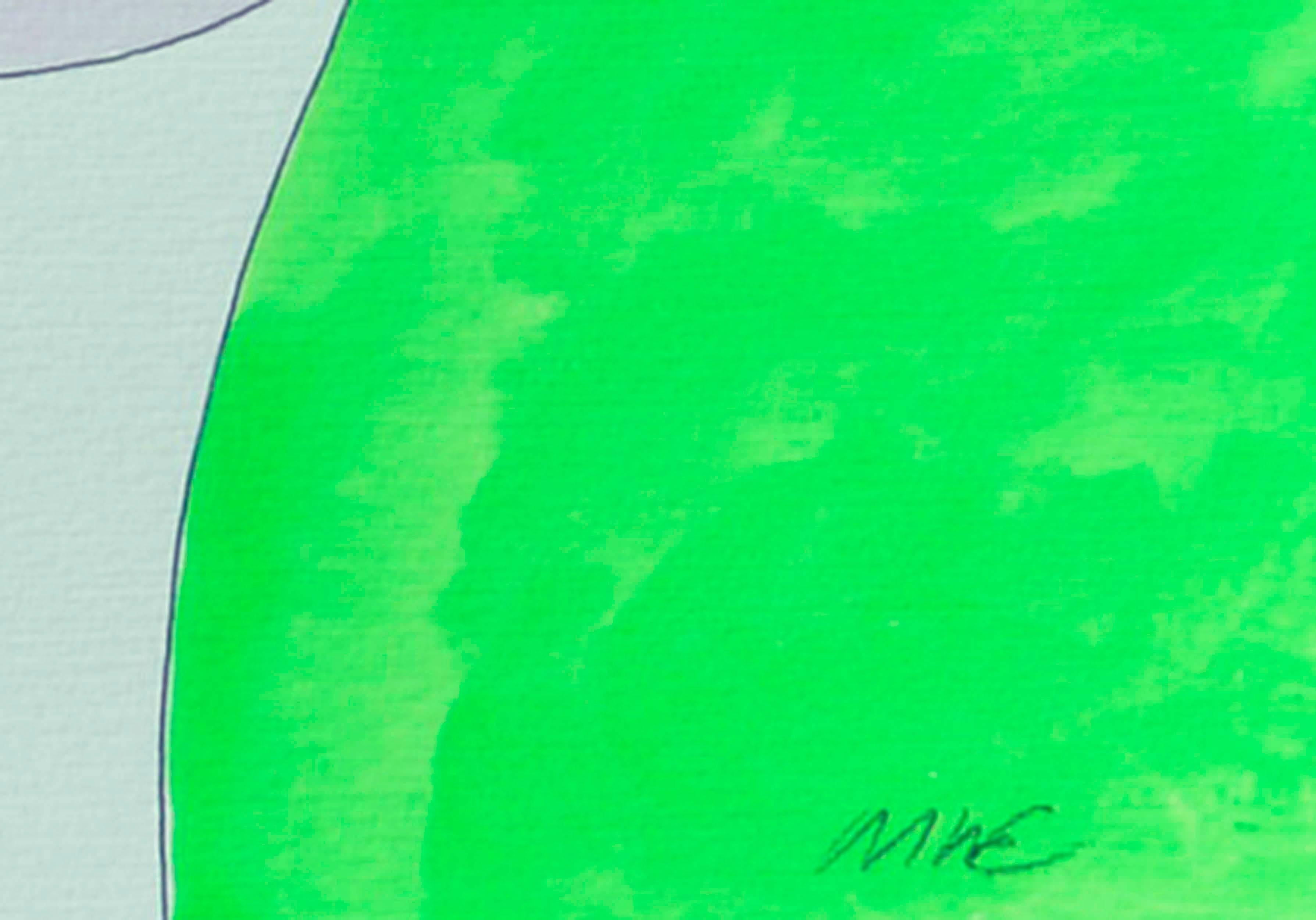 Psychedelische Abstraktion mit Textilhandtaschen in einer farbenfrohen, surrealen Landschaft des Künstlers Michael William Eggleston (Amerikaner, 20. Jahrhundert) aus San Francisco. Aus einer Sammlung seiner Werke. Signiert 