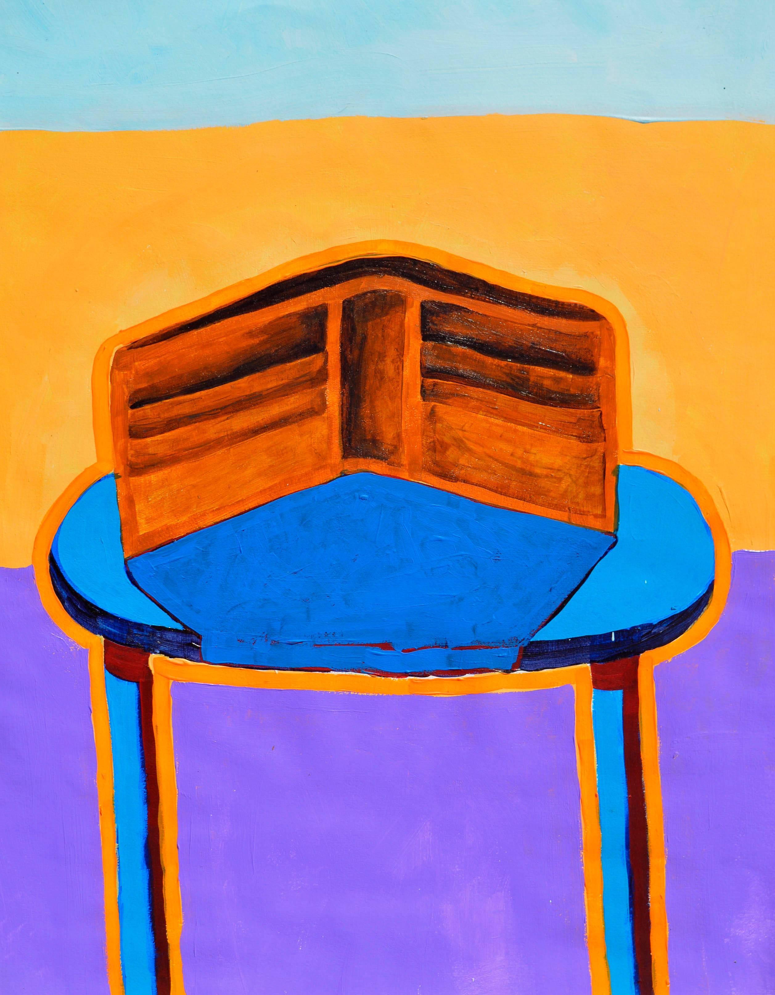 Her Clutch on Blue Table - Painting by Michael Eggleston