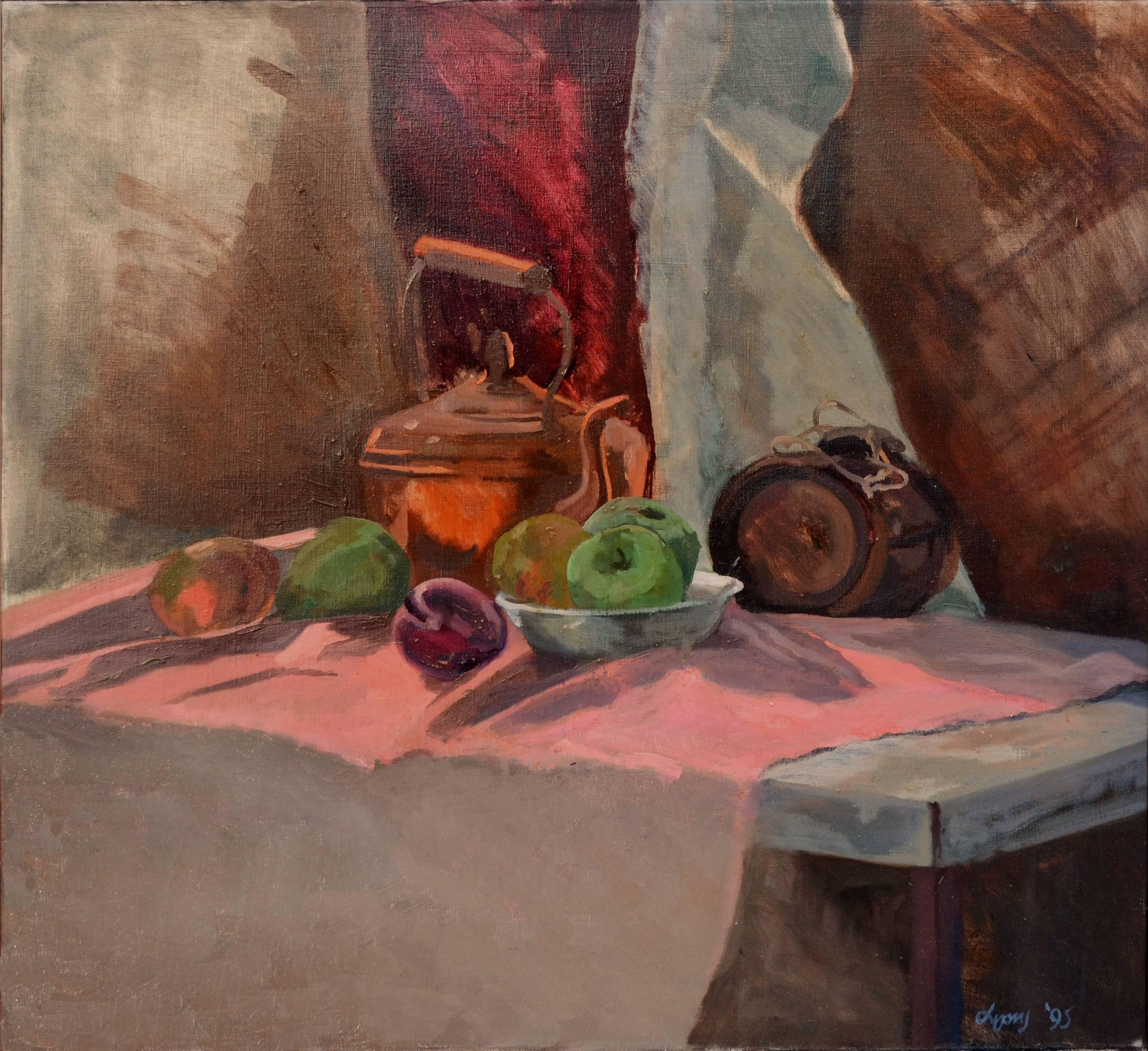 Vintage Autumnal Still Life -- Cask and Copper Pot - Painting by Susan Lyon