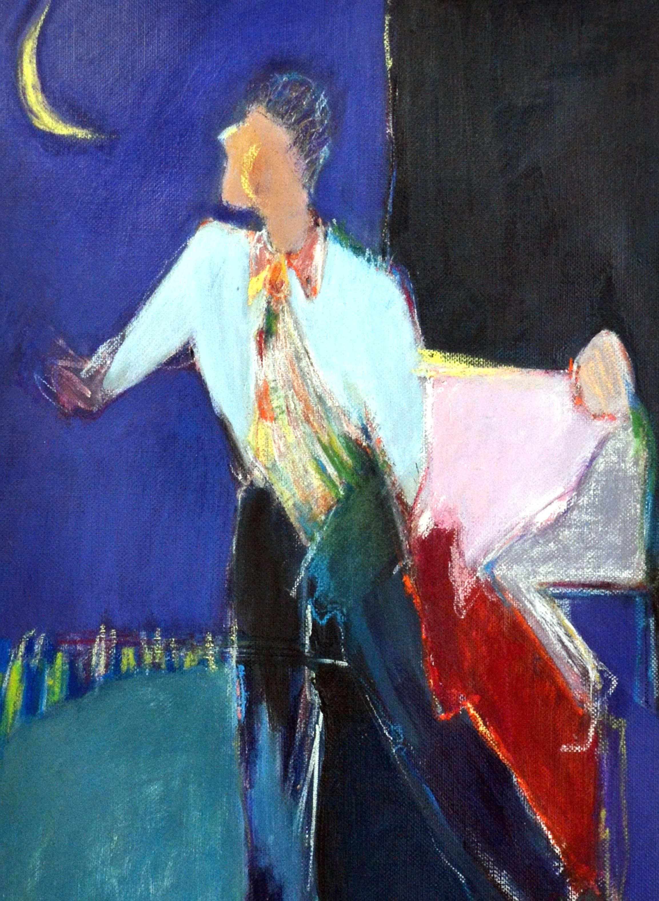 Impresionante óleo abstracto figurativo en colores primarios de un hombre y la luna, de J. Gold (estadounidense, siglo XX).  Firmado 