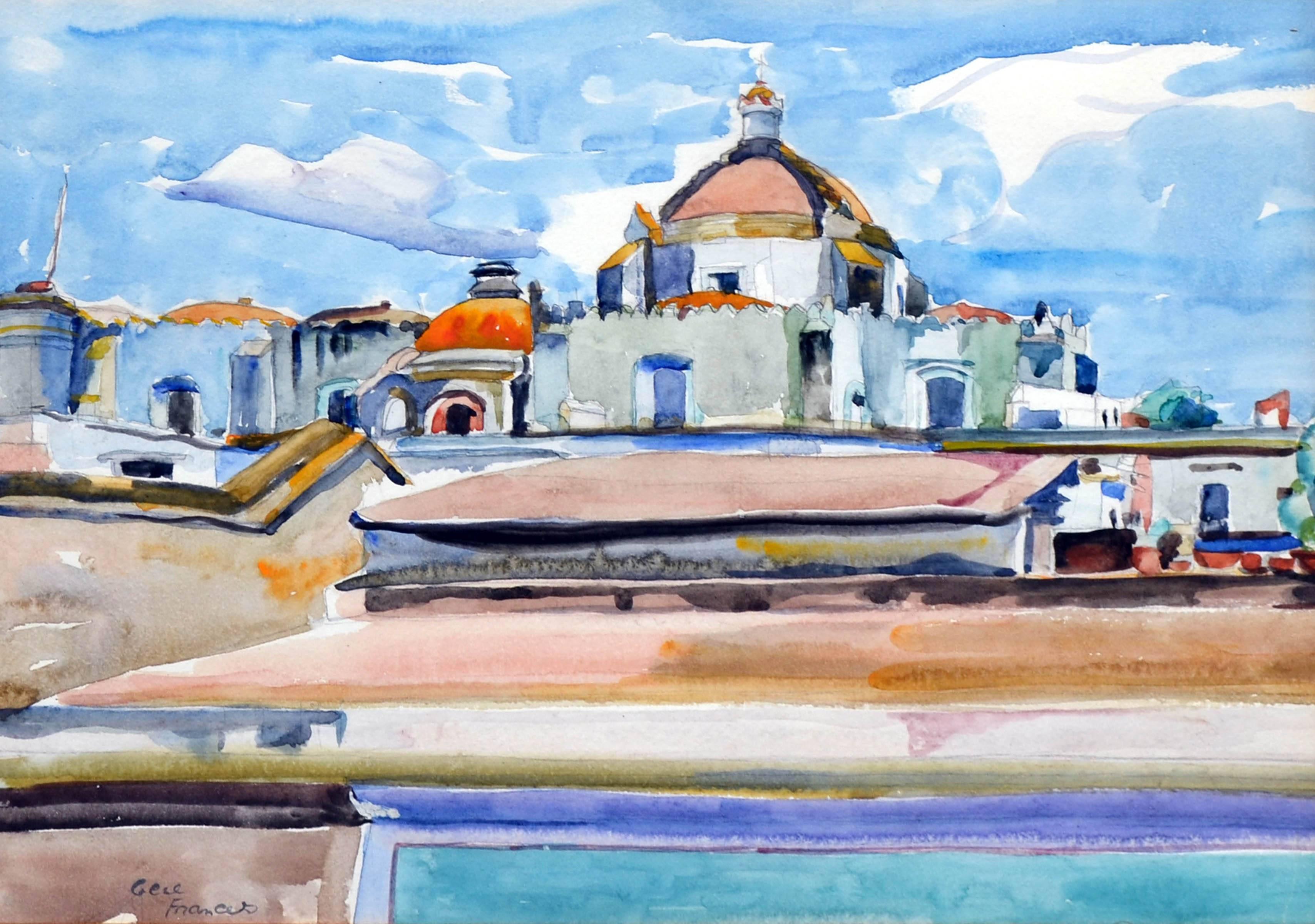 Mid Century Mexico Cathedral Watercolor Landscape  - Painting by Eugenia Frances Baker McComas