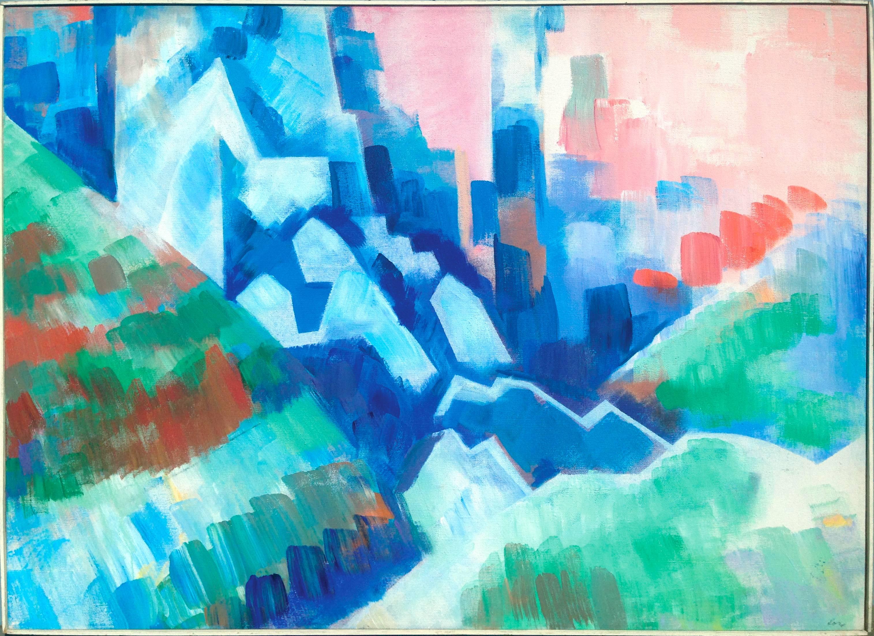 Landscape Painting de Erle Loran - Paisaje urbano abstracto a gran escala -- Montañas con vistas a la ciudad