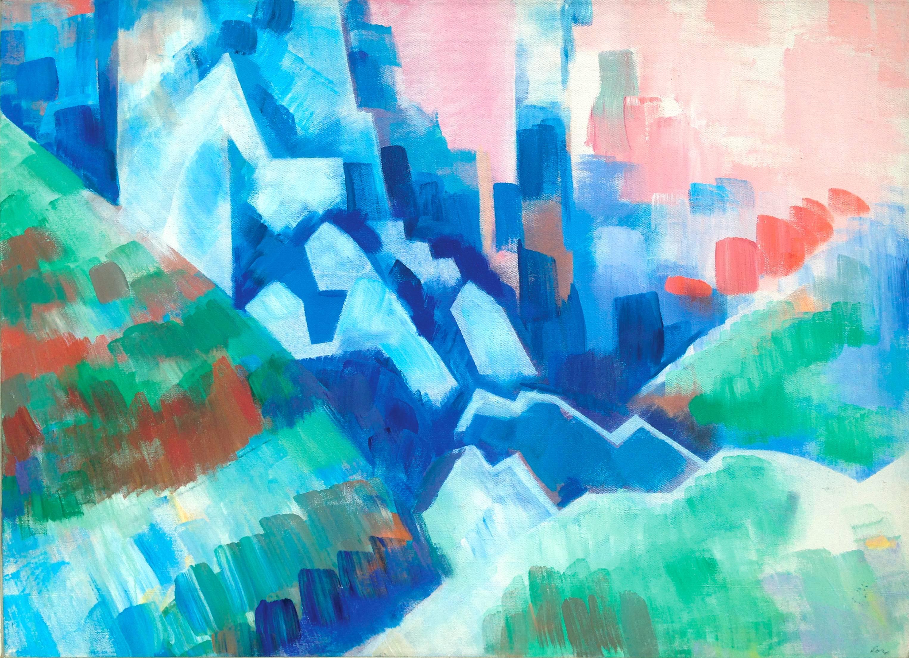 Paisaje urbano abstracto a gran escala -- Montañas con vistas a la ciudad - Painting de Erle Loran