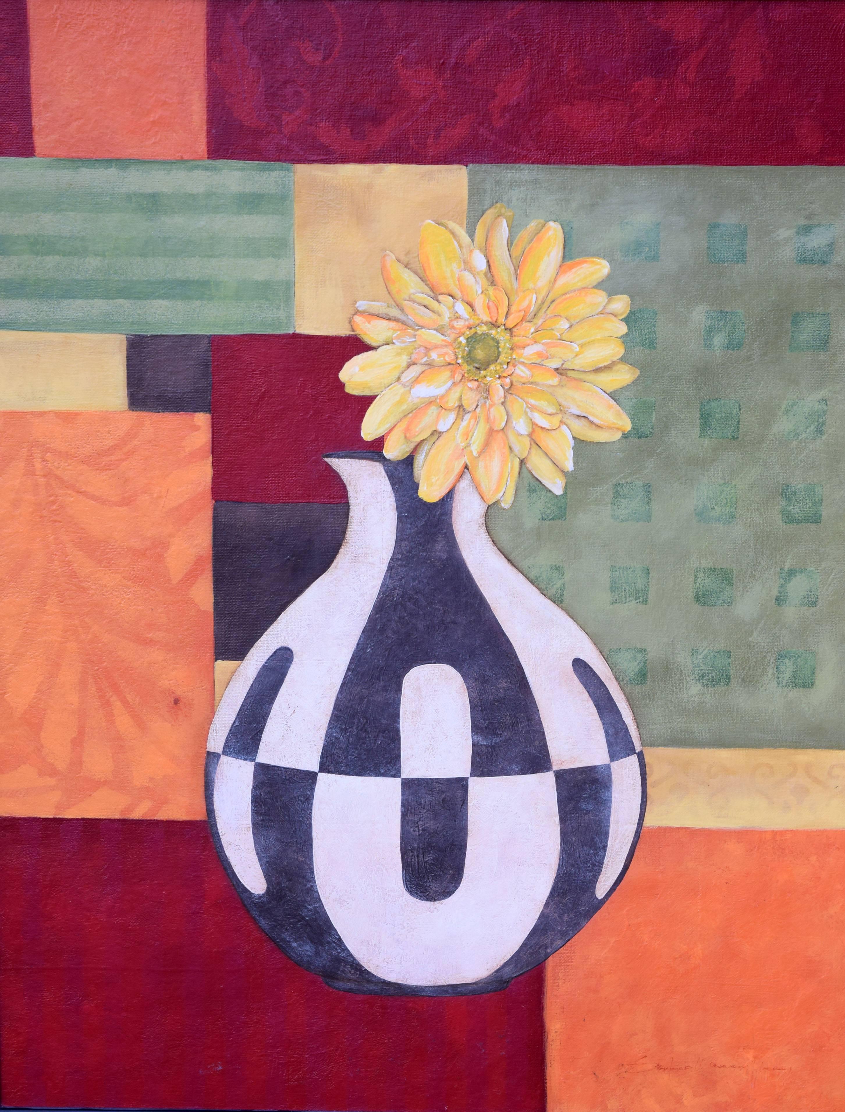 Peinture florale abstraite avec vase géométrique de Stephanie Marrott (américaine, 20e siècle). Acrylique originale sur carton d'artiste. Signé en bas à droite 