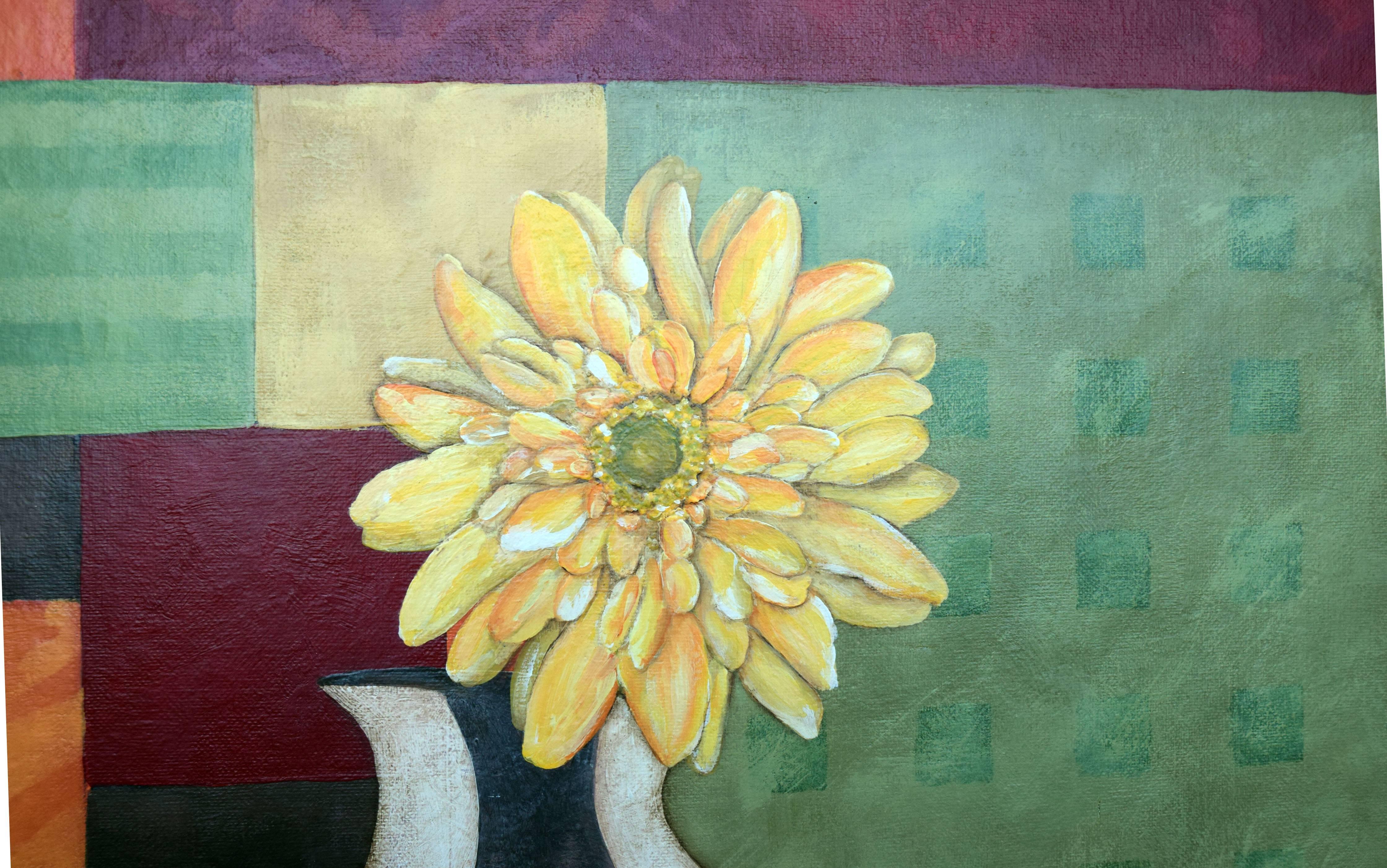 Abstrakte abstrakte Blumenvase mit Art déco-Vase  (Braun), Still-Life Painting, von Stephanie Marrott
