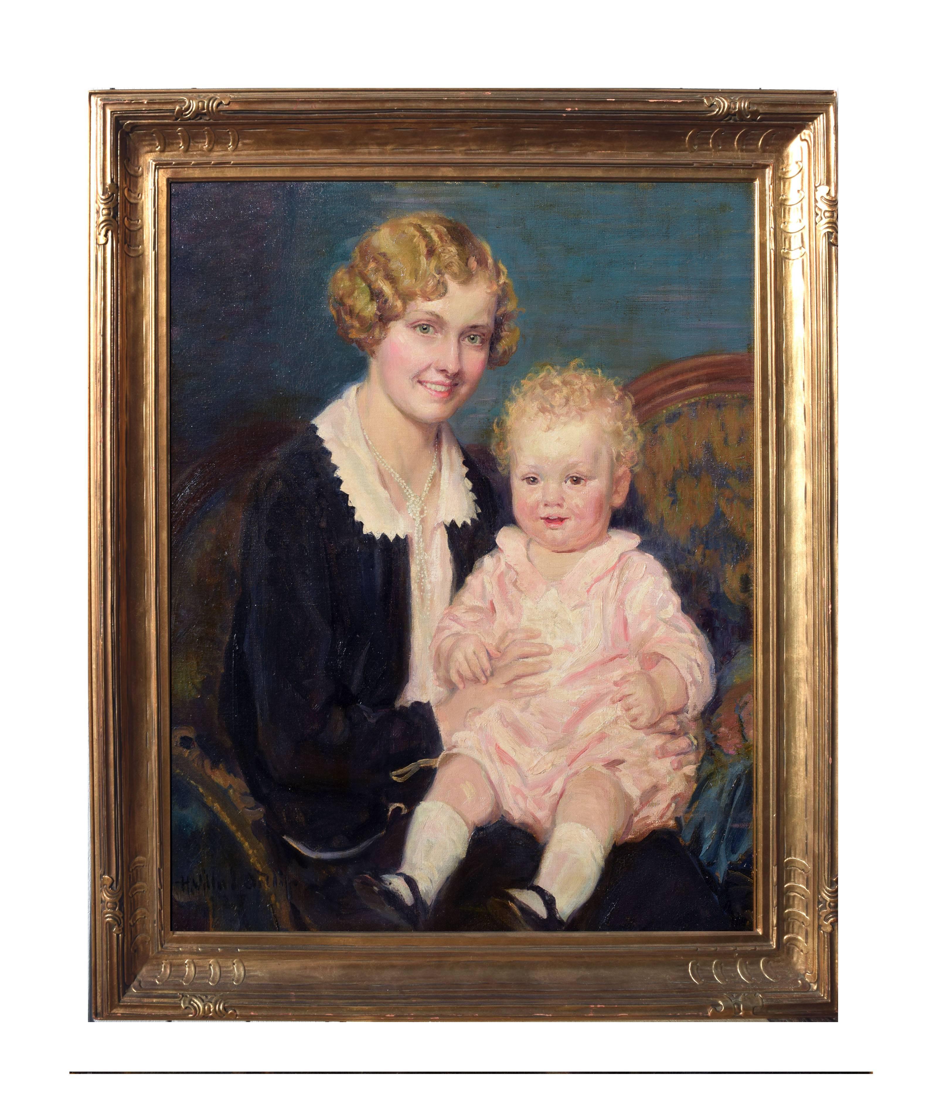 H. Willard Ortlip Portrait Painting – Mutter und Kind 1920er Jahre - mit Newcomb Macklin-Rahmen aus vergoldetem Holz