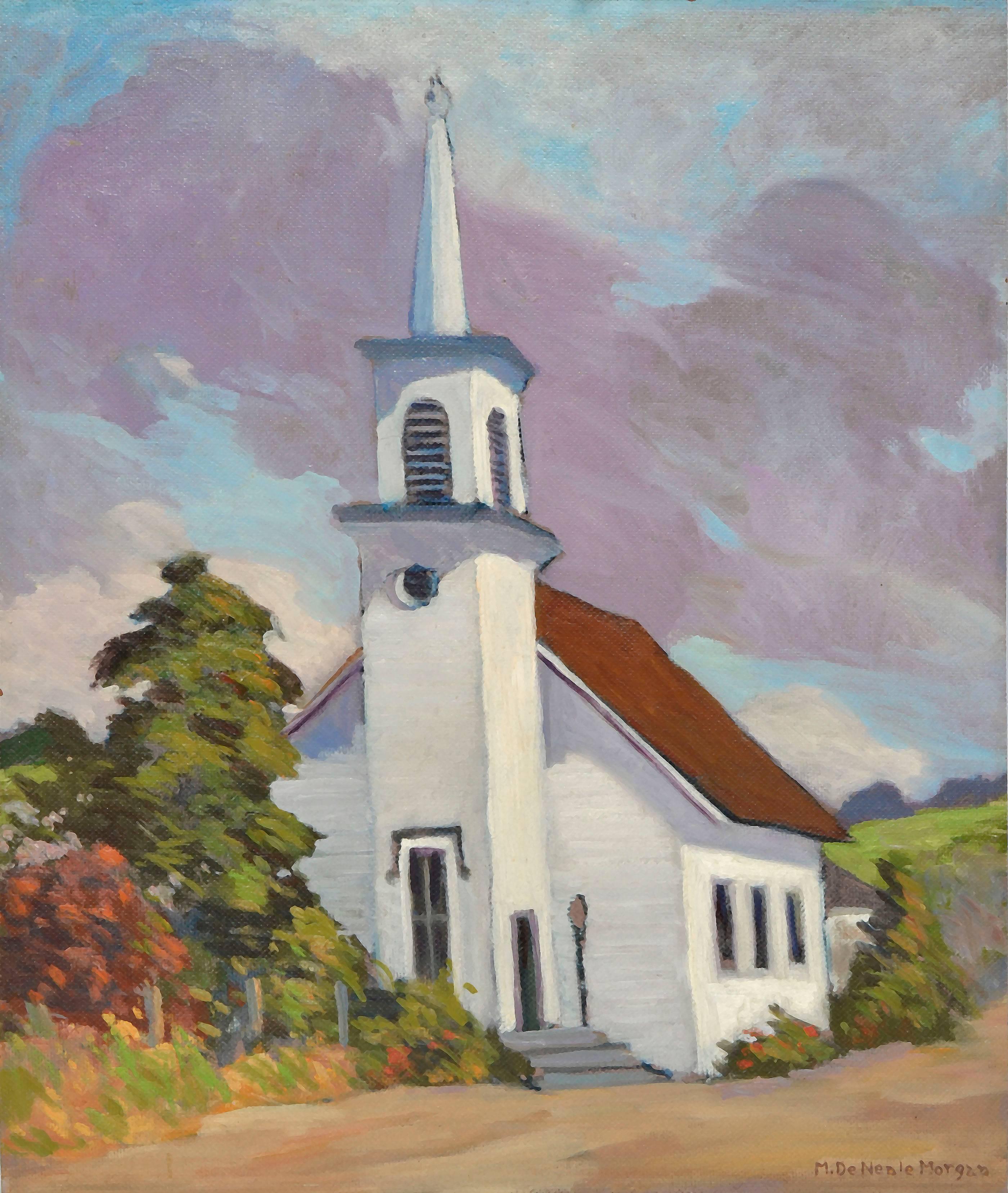 1920 Historical Church of Soquel, California Landscape  - Painting by Mary DeNeale Morgan