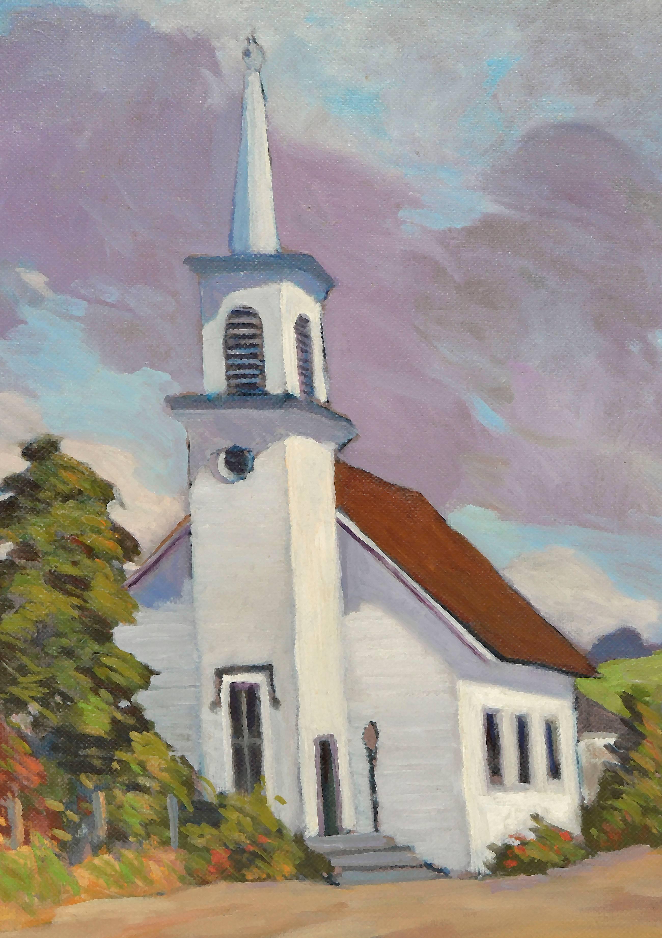 Historische Kirche von Soquel, Kalifornien, Landschaft, 1920  (Amerikanischer Impressionismus), Painting, von Mary DeNeale Morgan