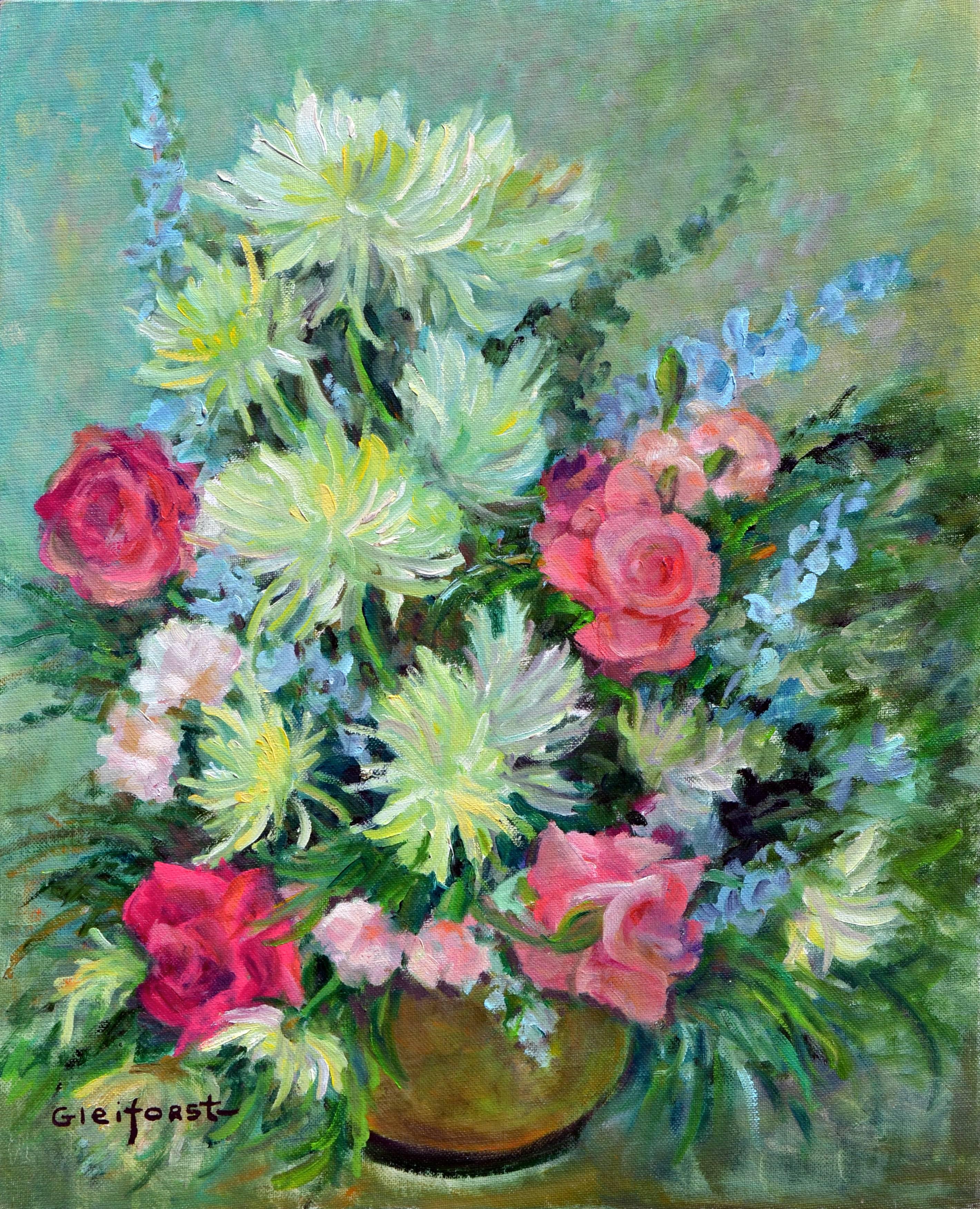 Helen Enoch Gleiforst Still-Life Painting - Mid Century Chrysanthemums & Pink Roses Still Life