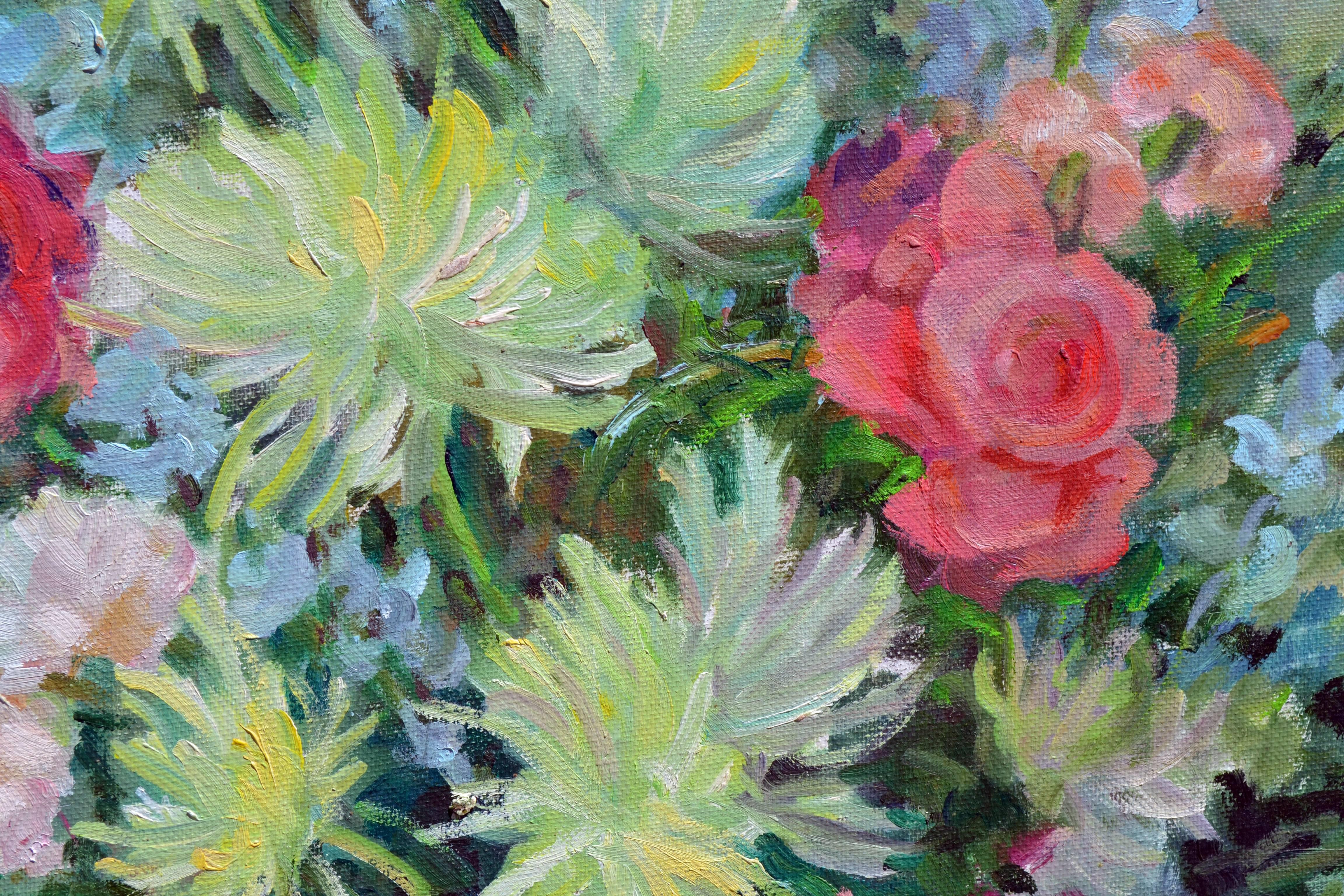 Mid Century Chrysanthemums & Pink Roses Still Life - Painting by Helen Enoch Gleiforst