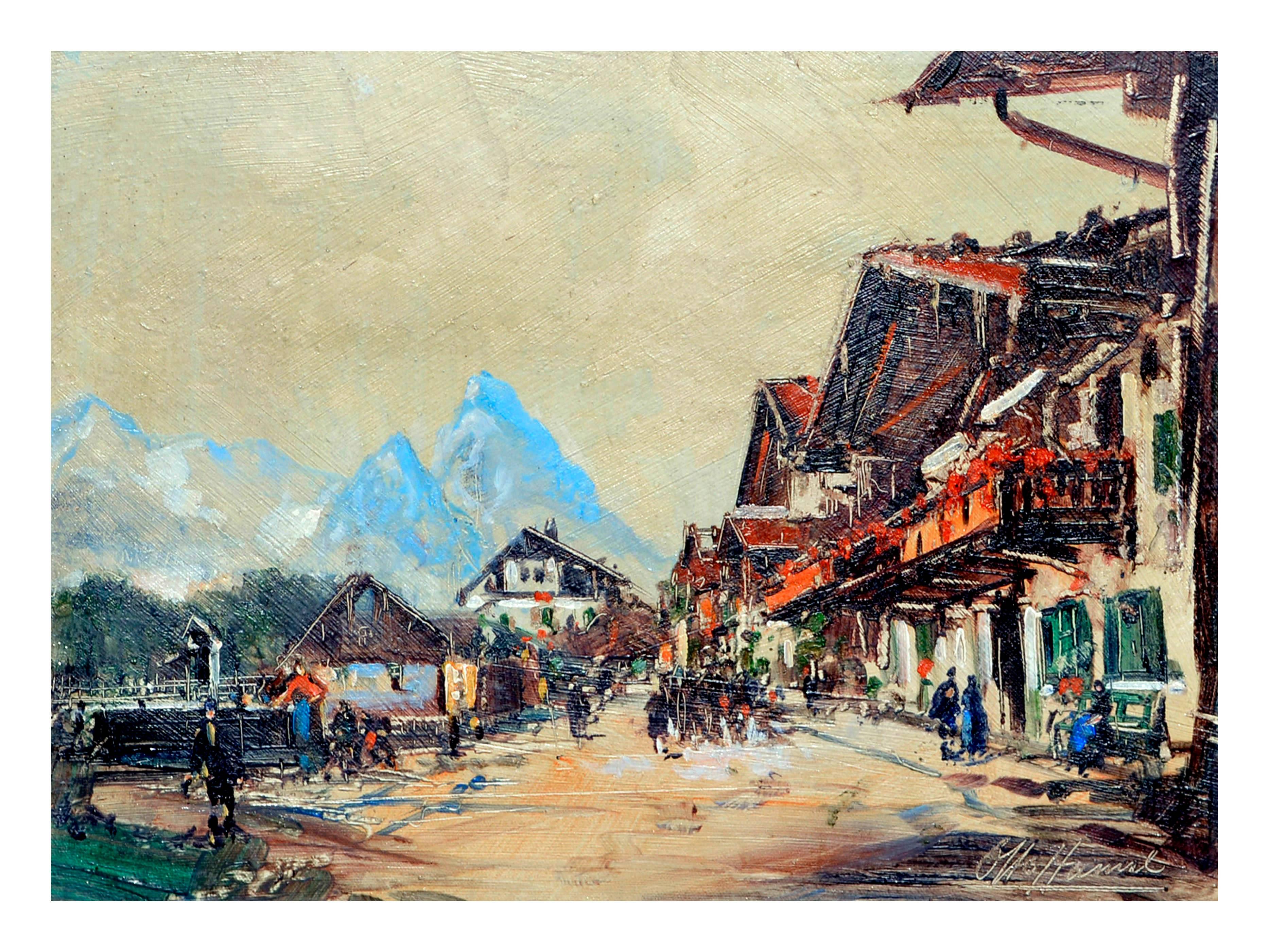 Early 20th Century Swiss Alps Village Landscape - Painting by Otto Hamel