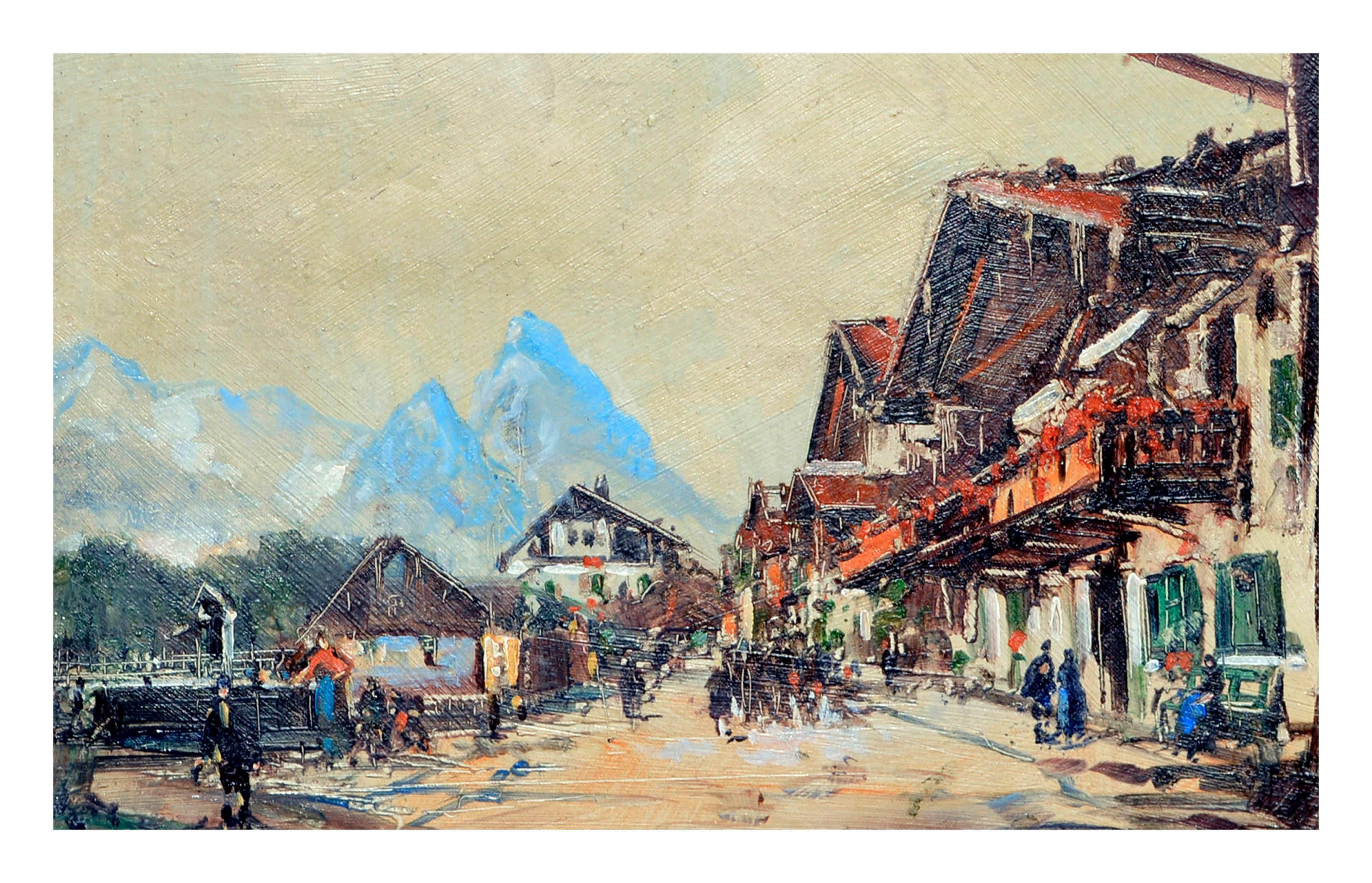 Début du 20e siècle Paysage de village des Alpes suisses - Expressionniste Painting par Otto Hamel