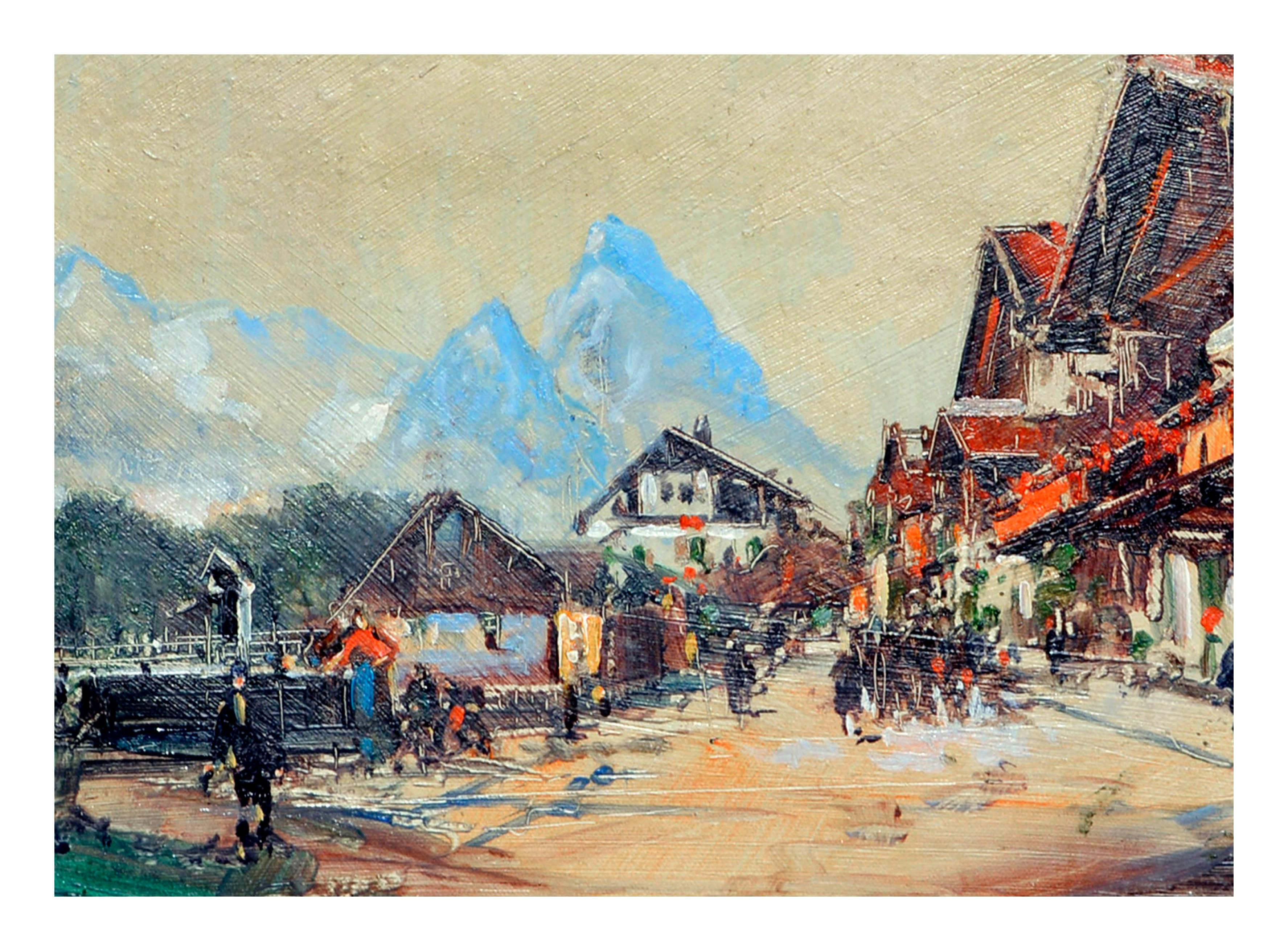 Début du 20e siècle Paysage de village des Alpes suisses - Marron Figurative Painting par Otto Hamel