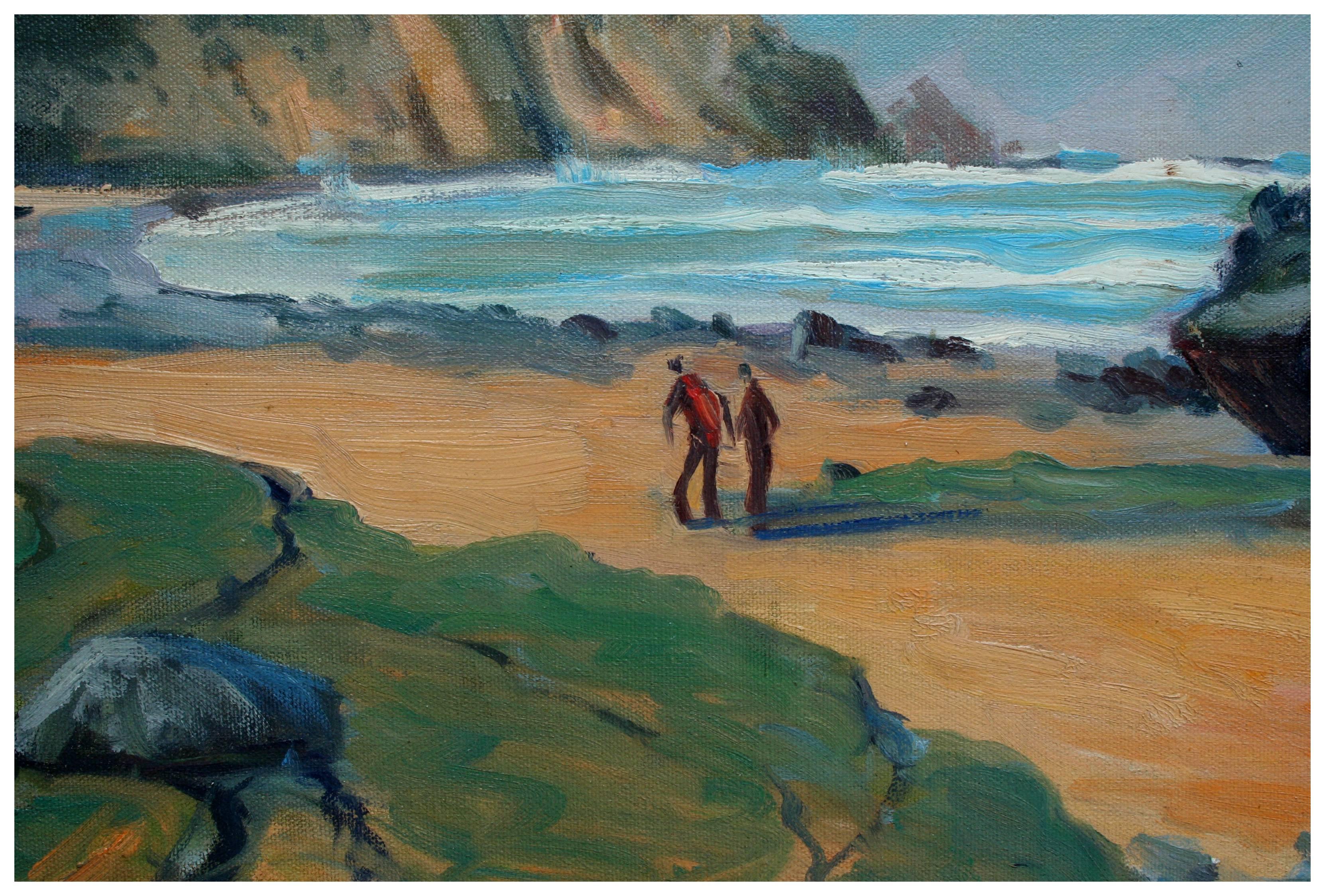 Mid Century New England Beach Walk - Painting by Russ Webster