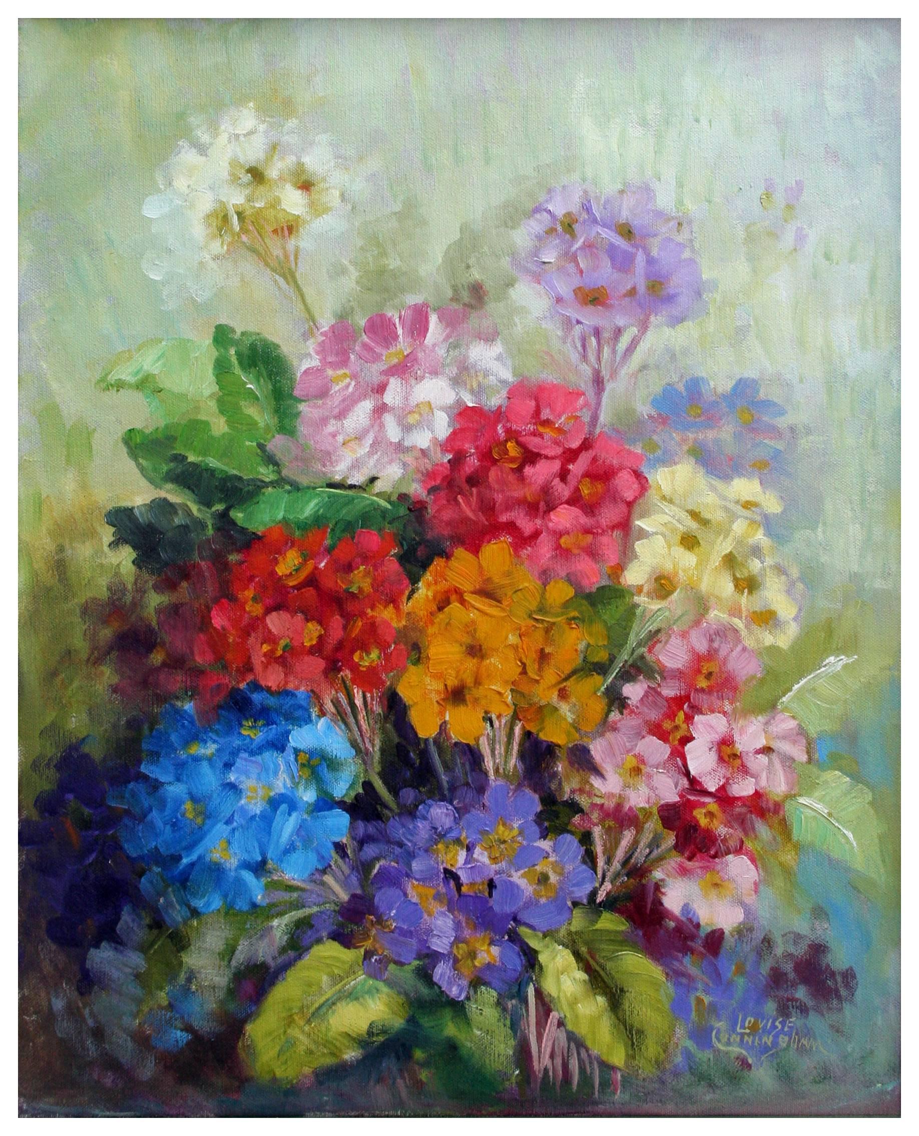 Multi-Color Primrose Still Life, 1970's Floral - Painting by Louise Grossett Cunningham