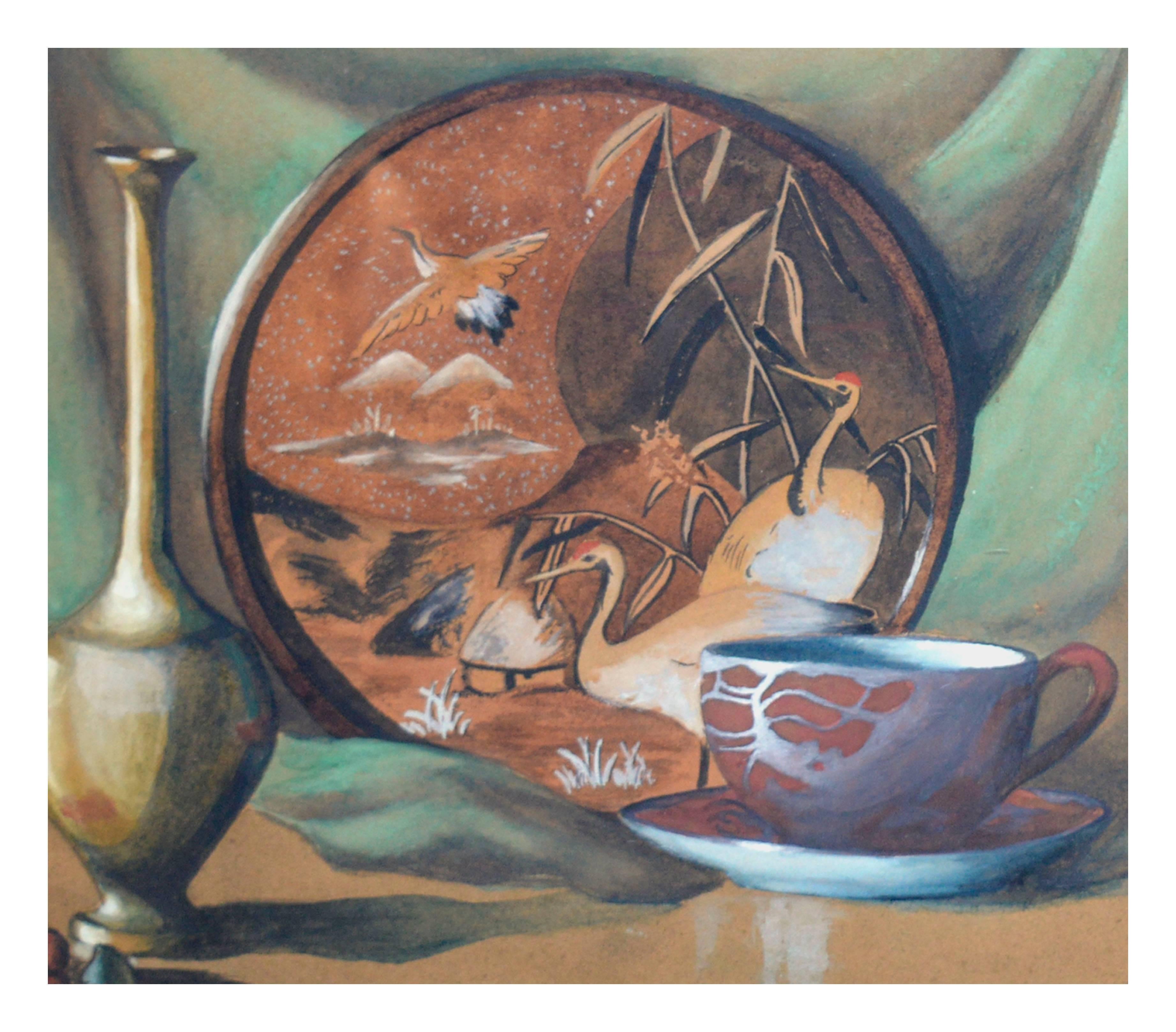 Three Cranes, Mid-Century Watercolor Still Life - Gray Interior Art by Laurelda Cecille Schmidt
