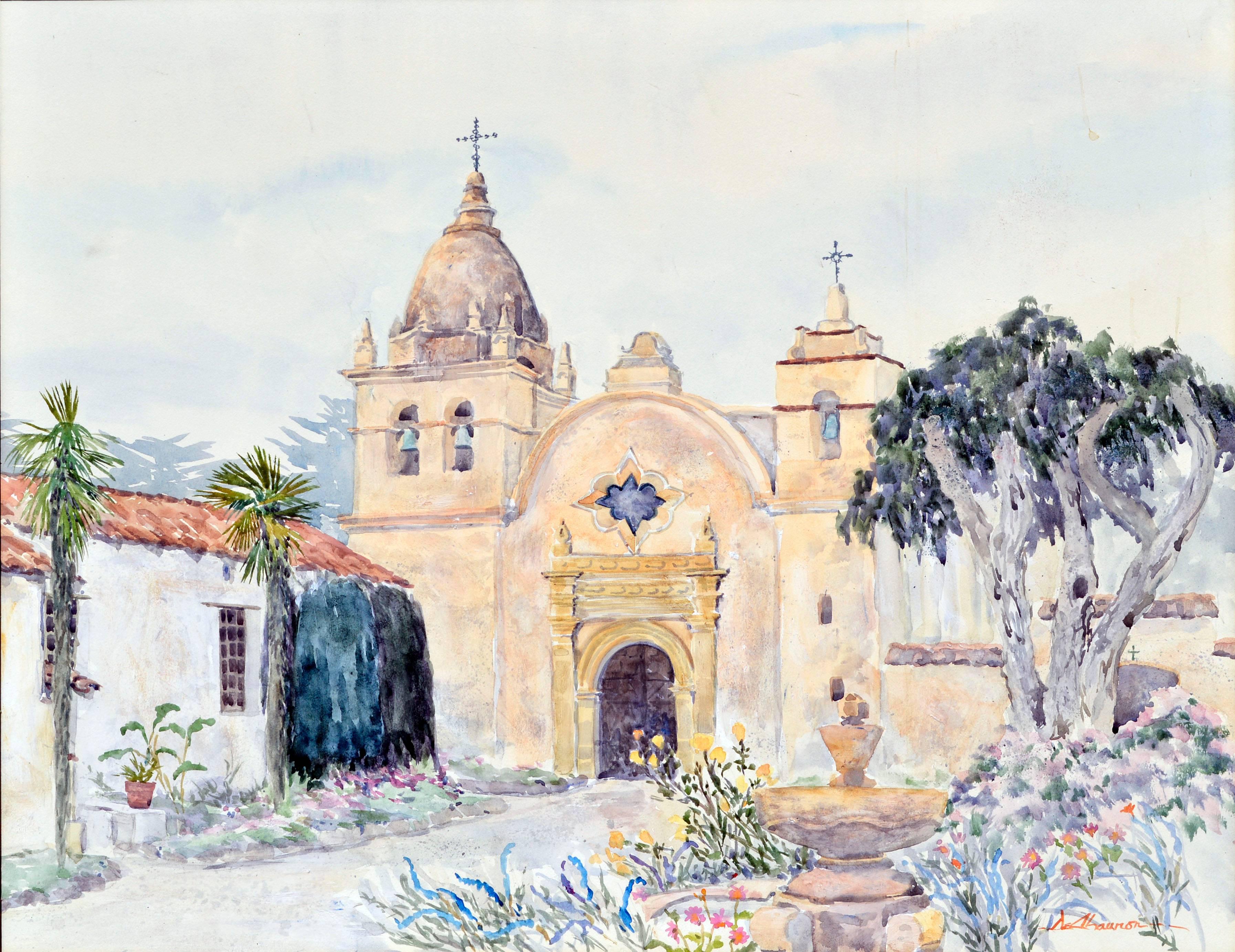 Carmel Mission Watercolor Landscape - Painting by Deanna DeChauron