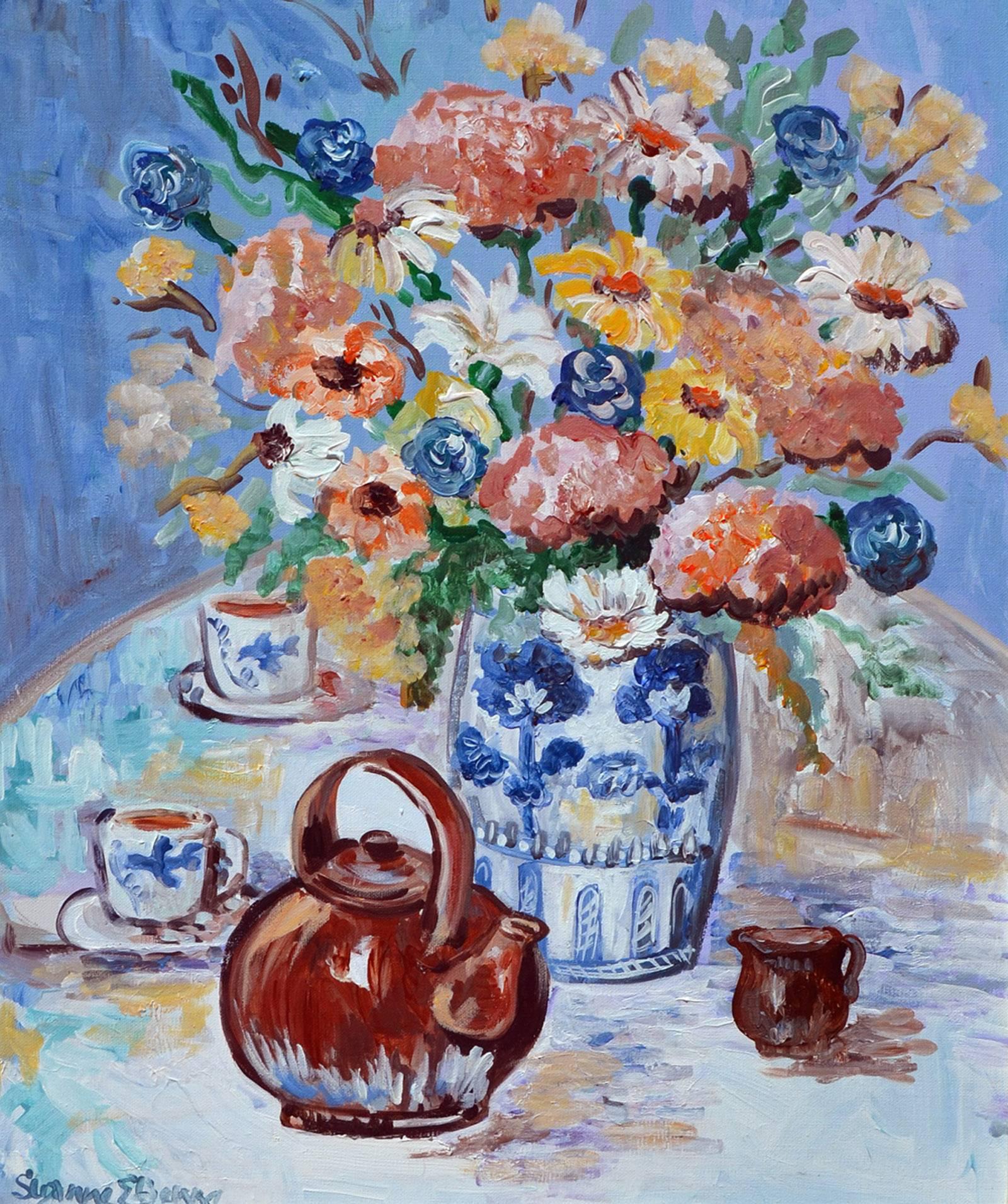 Blumenvase und Teekanne Stillleben (Amerikanischer Impressionismus), Painting, von Susanne E. Benne