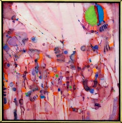 "A Great Day",  Pink Abstract Expressionist Figurative Urban Scene by Tom Hamil