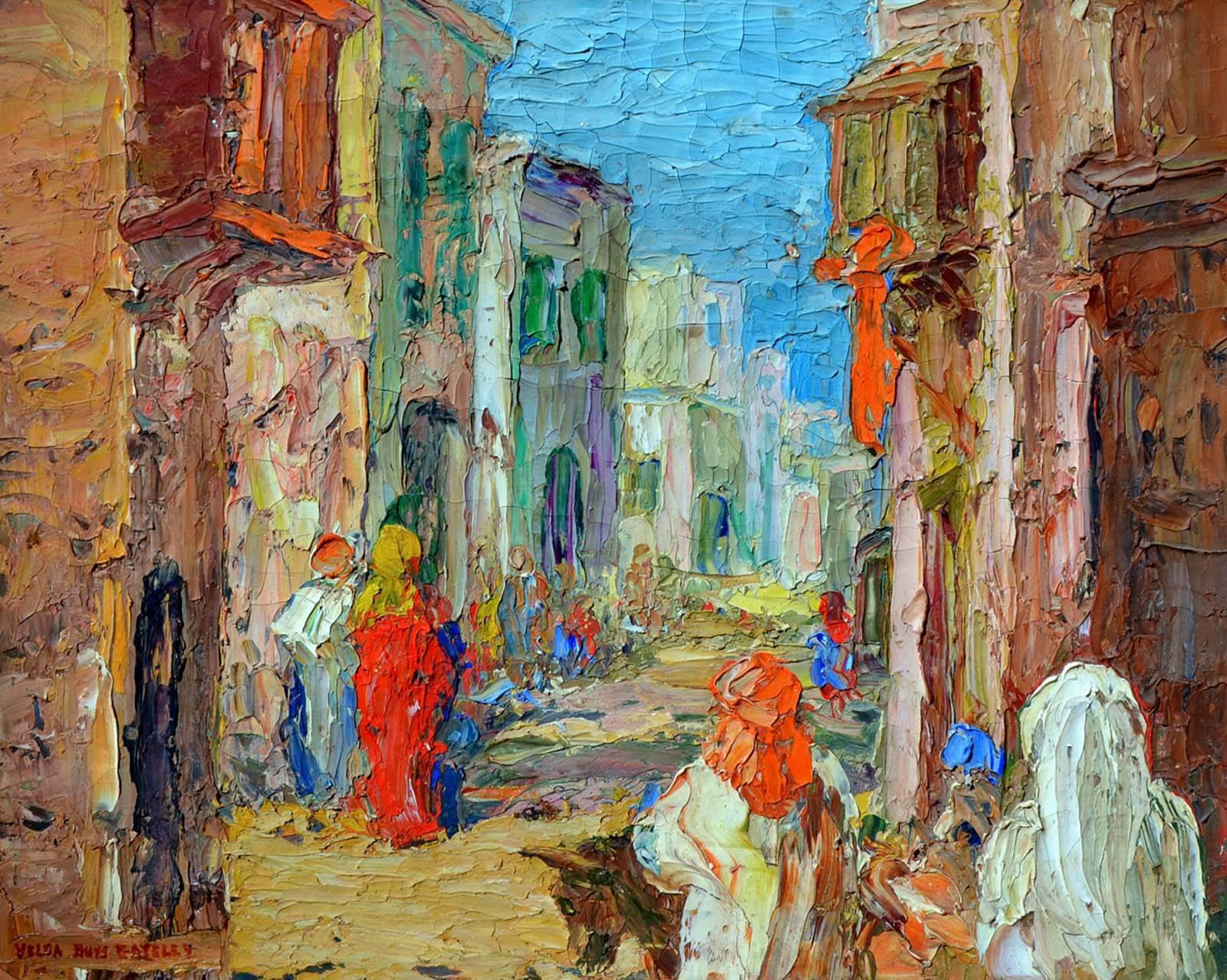 1930's Moroccan Street Scene - Painting by Velda Buys Gateley