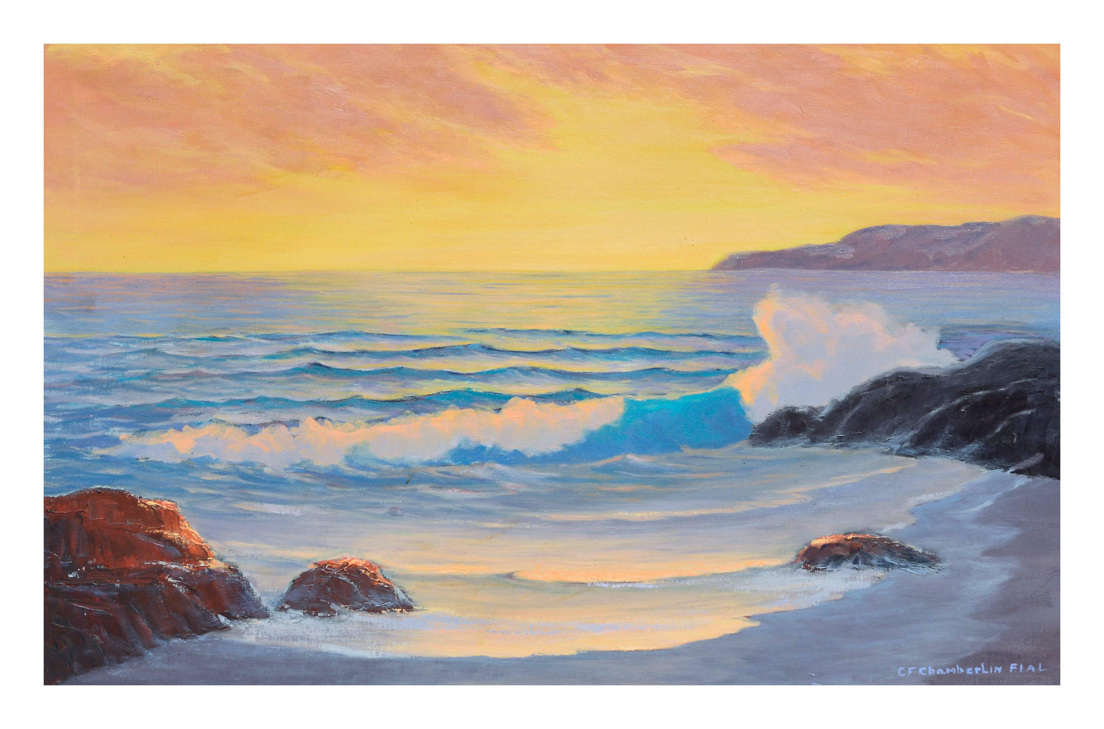 Mid Century Ocean Sunset Seascape - Painting by Cecil F. Chamberlin