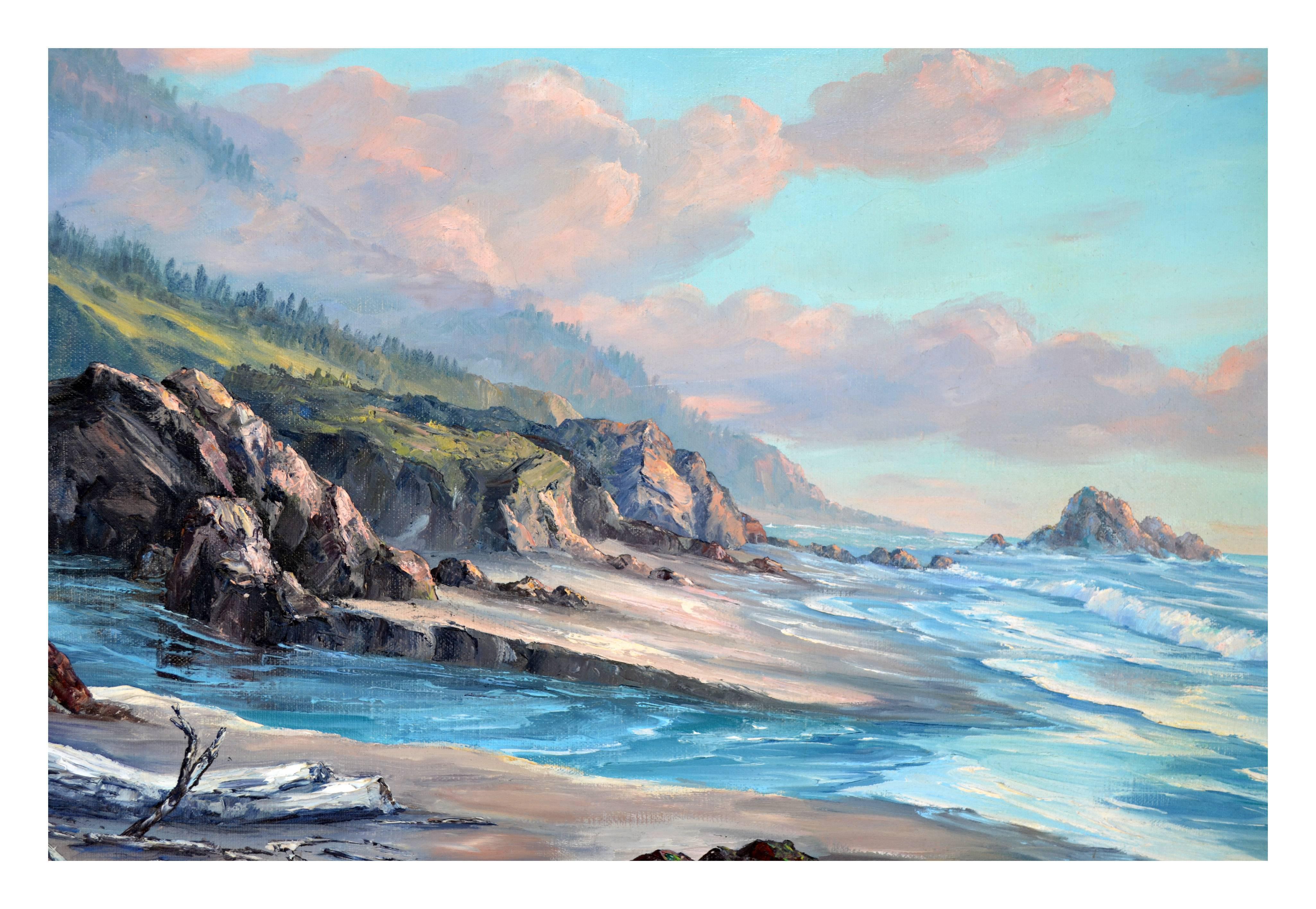 Vieille vue de la mer huile sur toile paysage de mer - Painting de Jac Falcraft