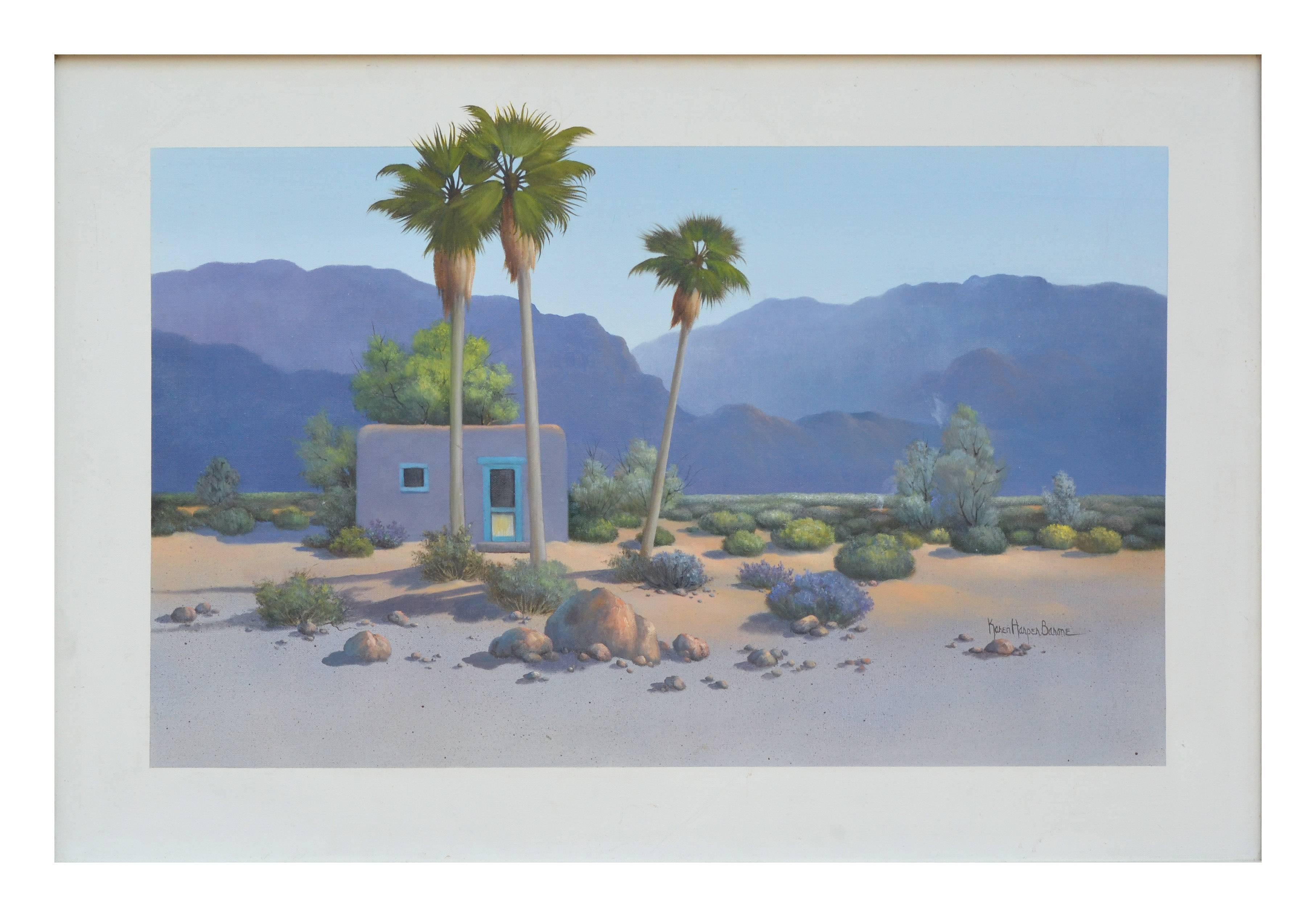 Adobe with Palm Trees - Painting by Karen Harper Barone