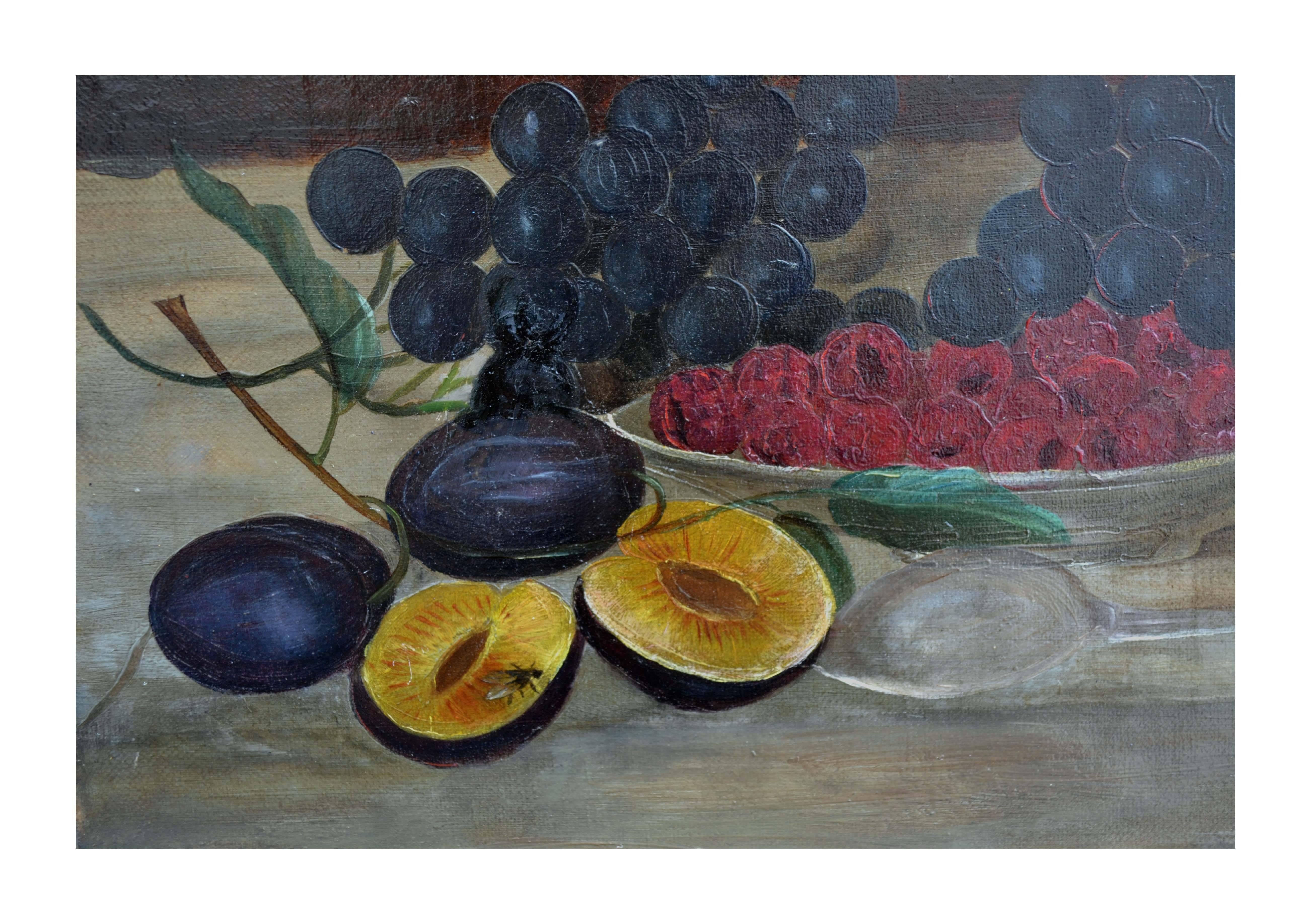 Late-19th-century still life oil painting with fruit in glass compote bowl, flowers in a glass compote, with berries, grapes, and plums. Excellent detail with transparency to the glass compote. Conservation on this painting included tear repairs and
