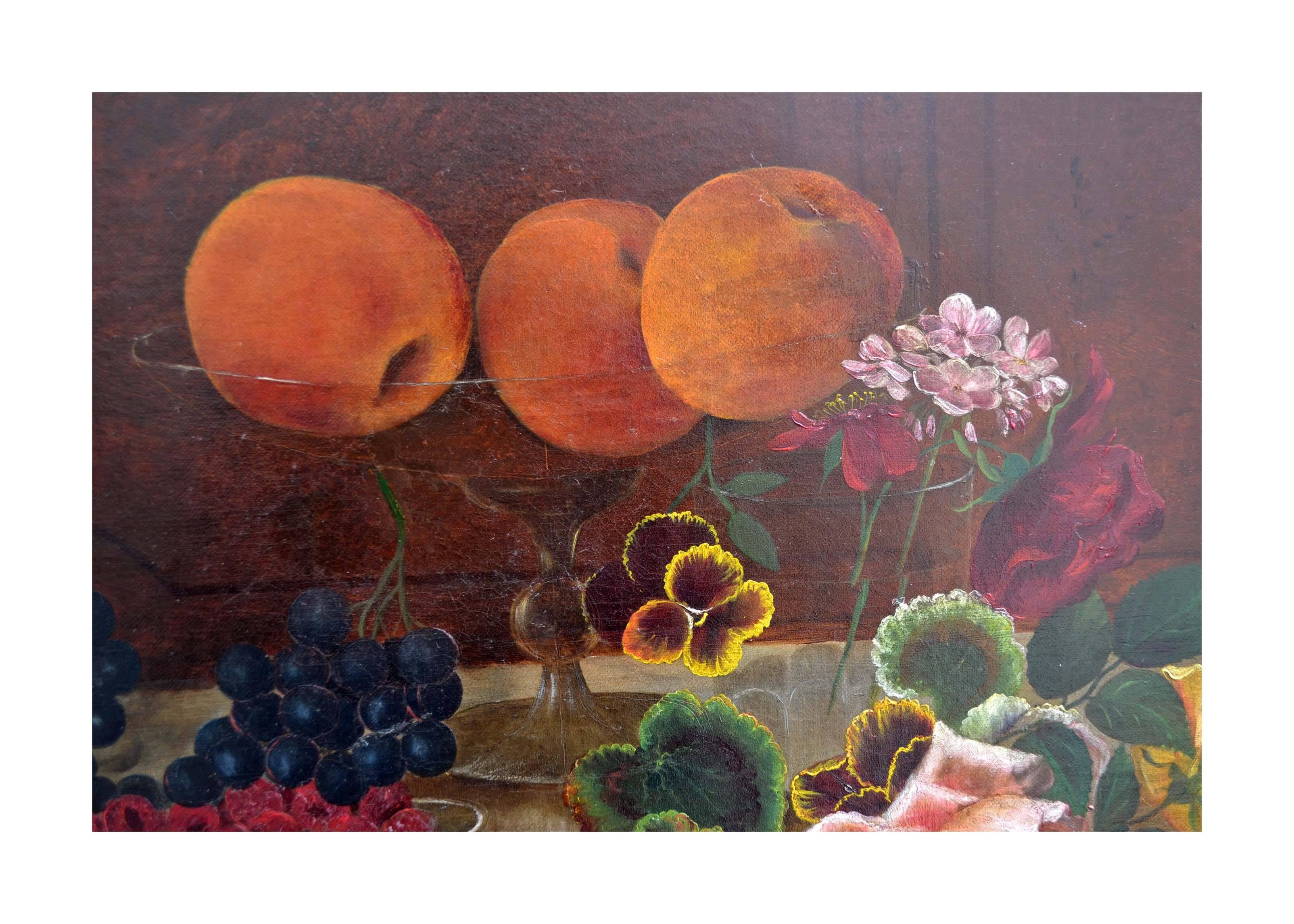 Victorian Floral and Fruit Still Life - Painting by Unknown