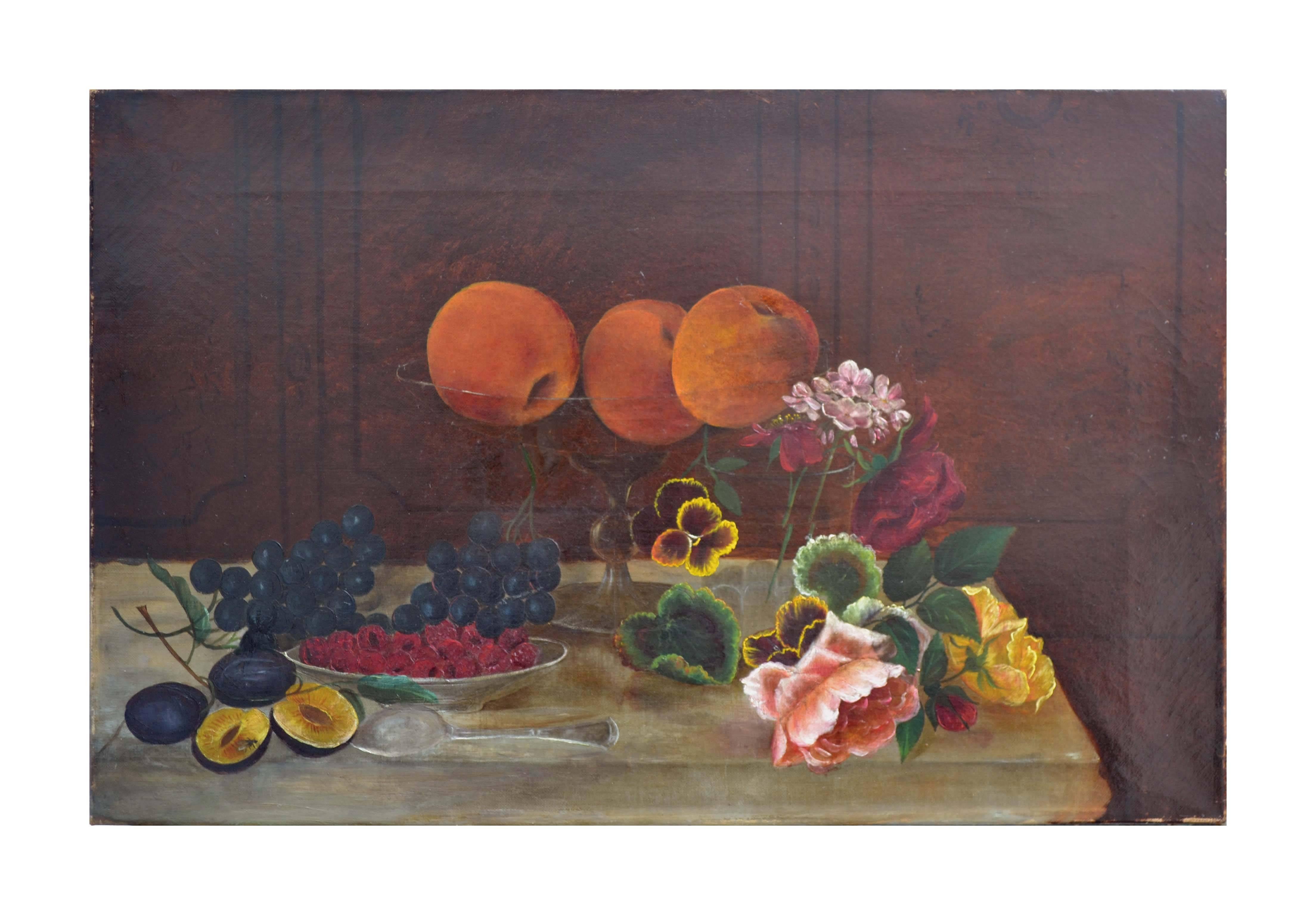 Unknown Still-Life Painting - Victorian Floral and Fruit Still Life