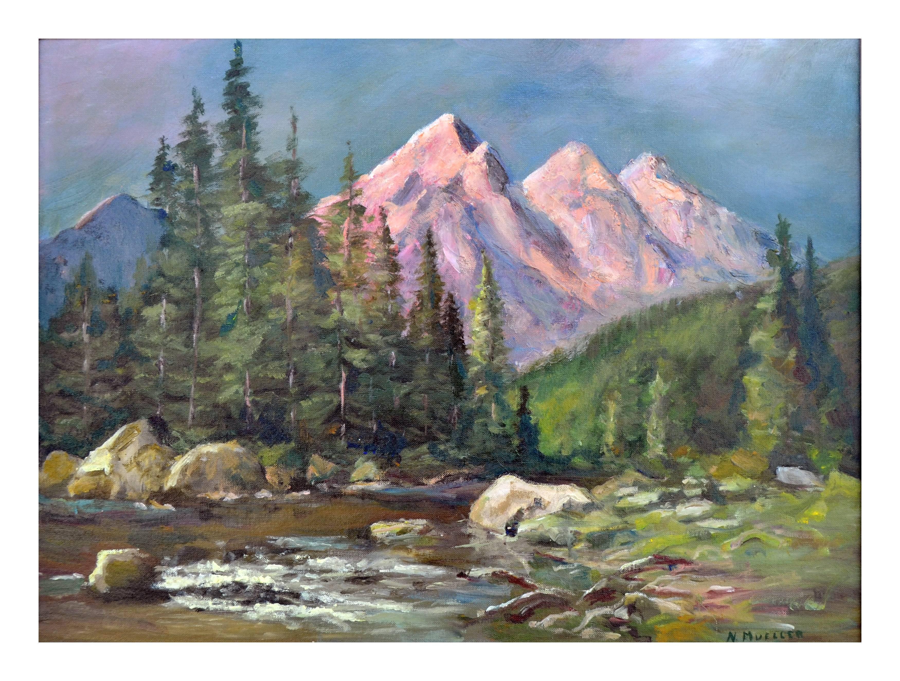 Mid Century Three Sisters Peaks - Majestic Oregon Landscape  - Painting by N. Mueller