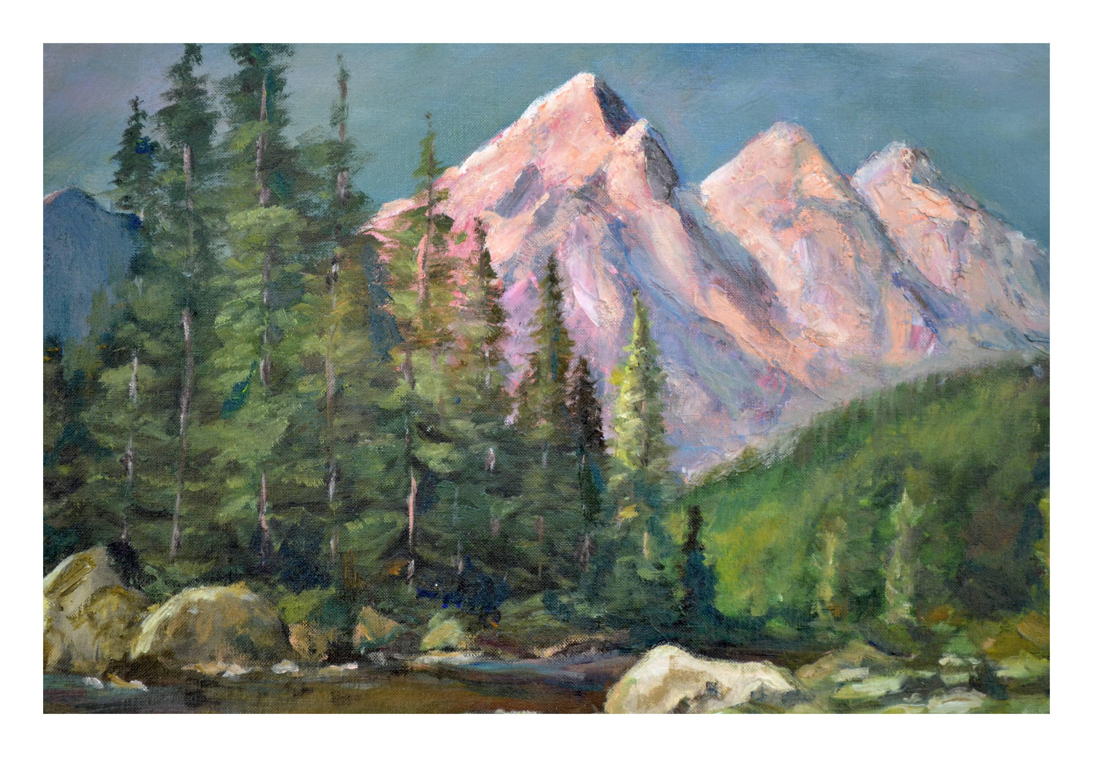 Trois sommets des sœurs du milieu du siècle - Magnifique paysage de l'Oregon  - Impressionnisme américain Painting par N. Mueller