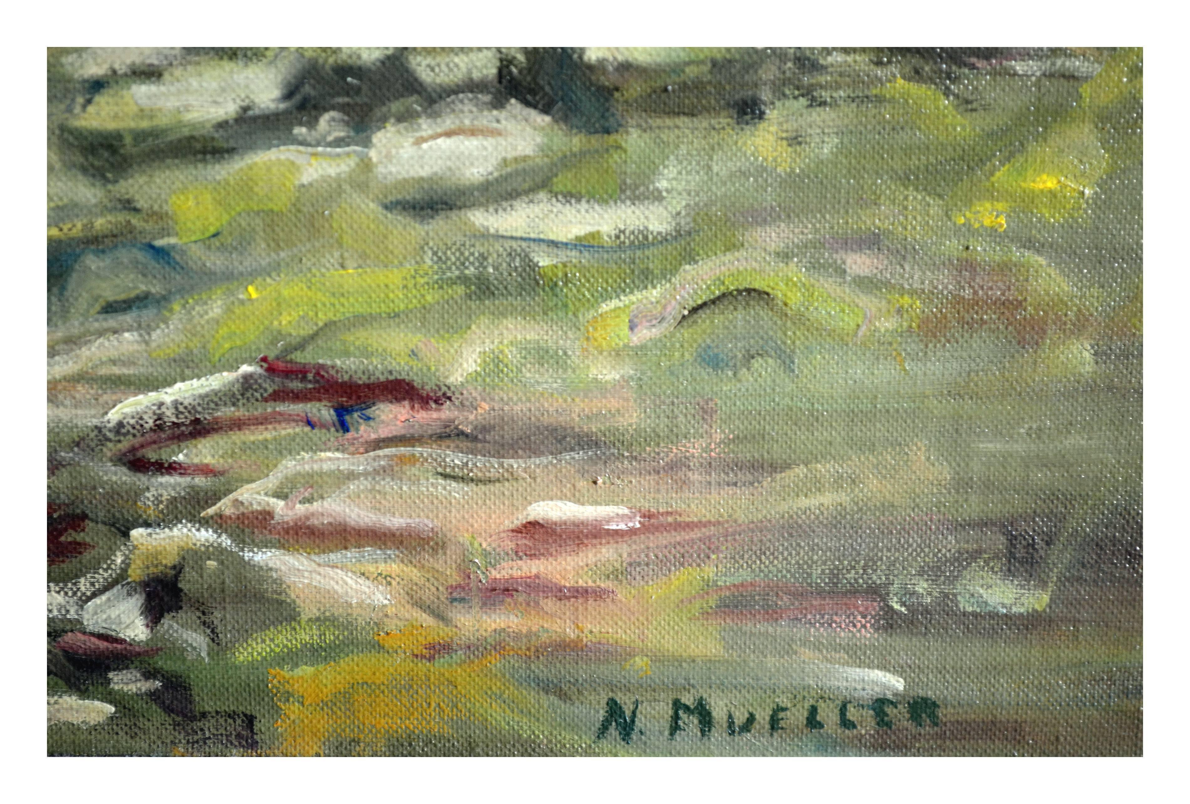 Drei Schwesterspitzen aus der Mitte des Jahrhunderts – prächtige Oregon-Landschaft  (Grau), Landscape Painting, von N. Mueller