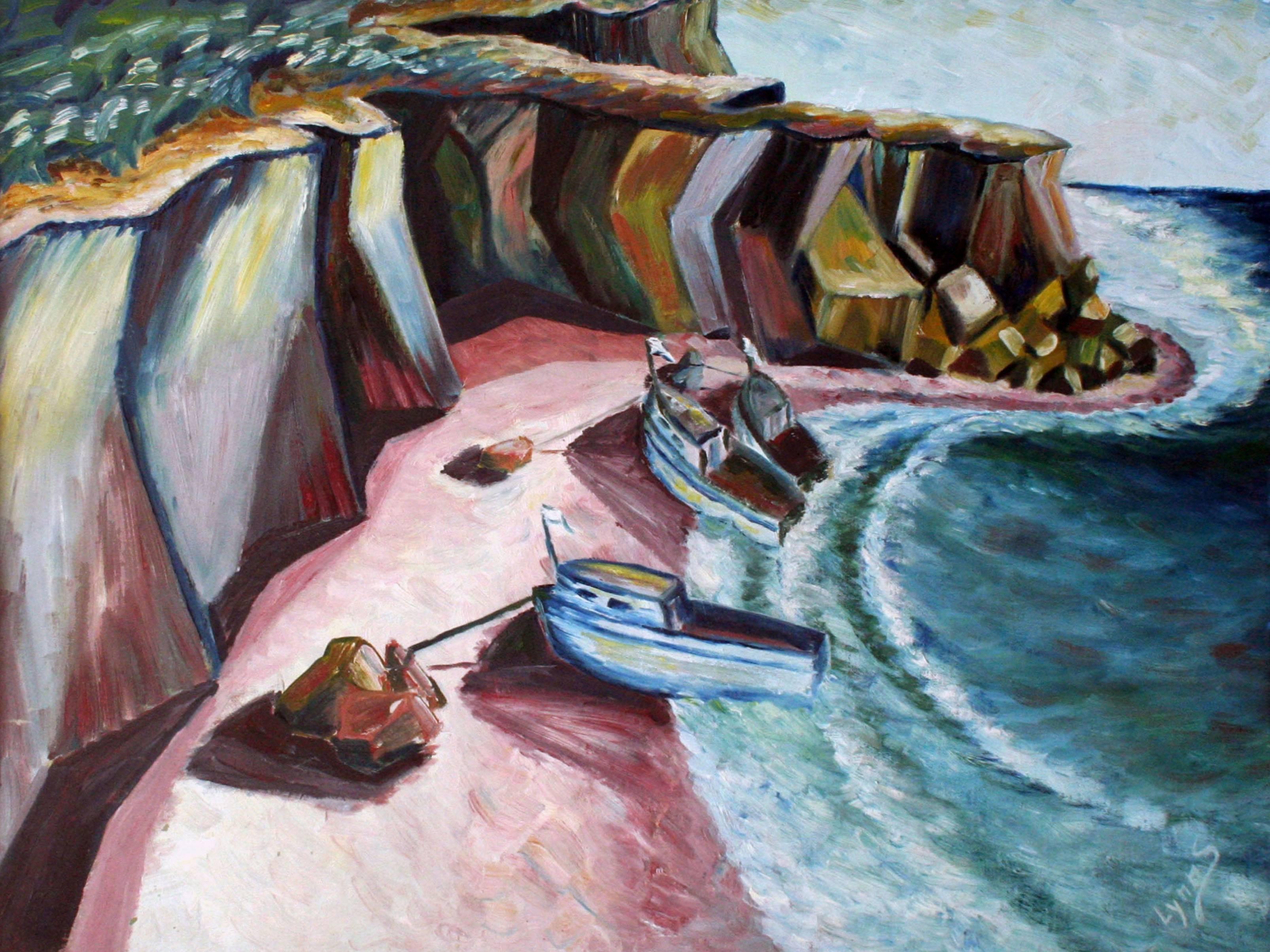 Bold Modernist Cliffs - Painting by Lynn Stockton