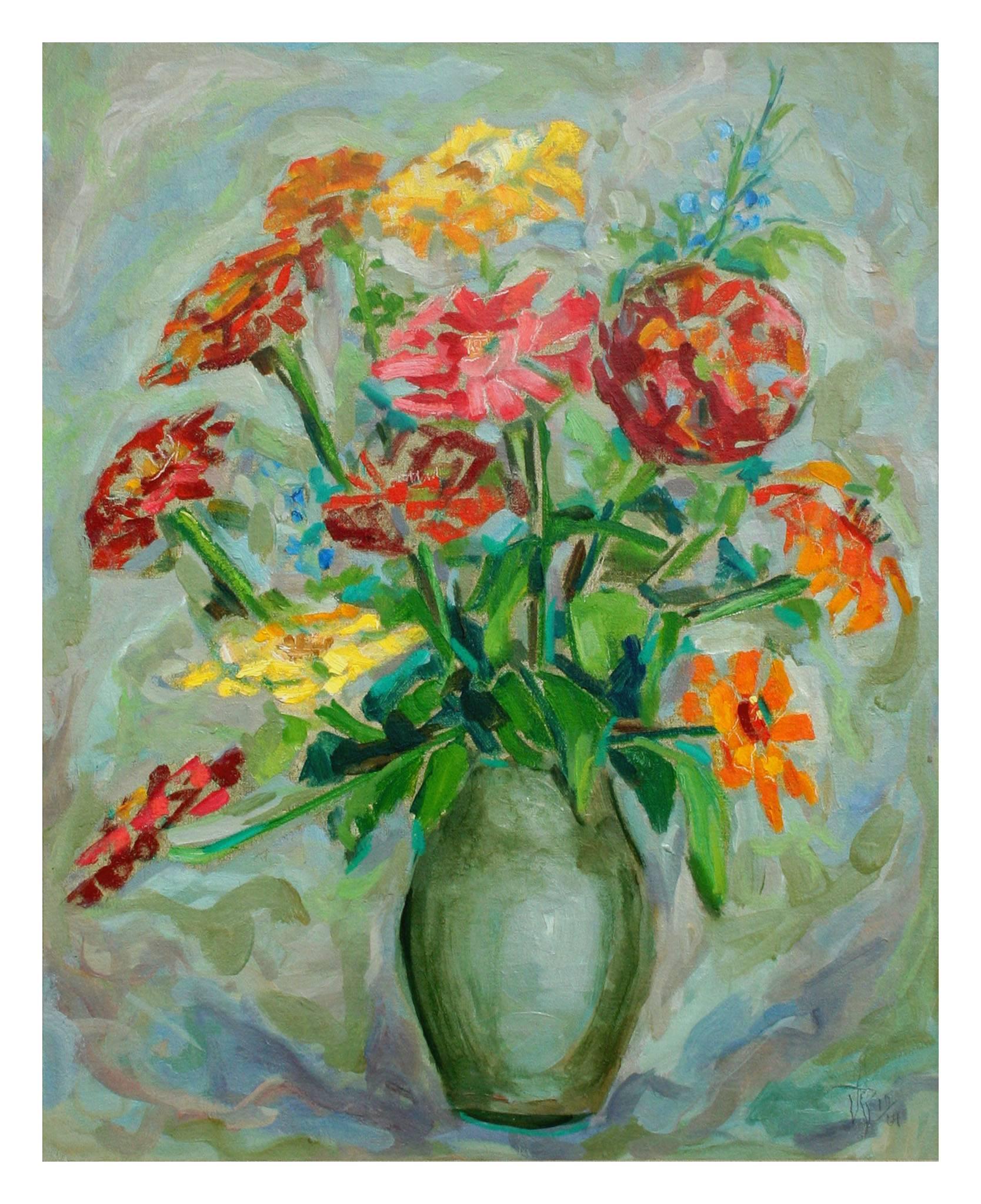 Zinnias in Vase, Mid Century Modern Floral Still-life - Painting by Virginia Sevier Rogers