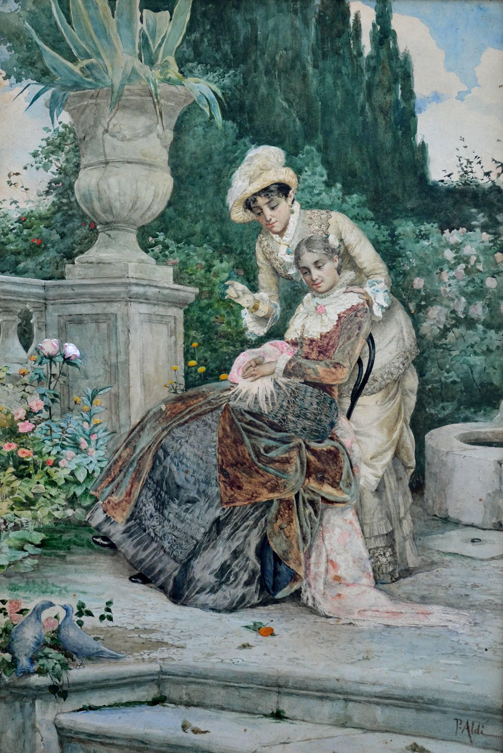 Ladies in the Italian Garden, 1870s  - Painting by Pietro Aldi