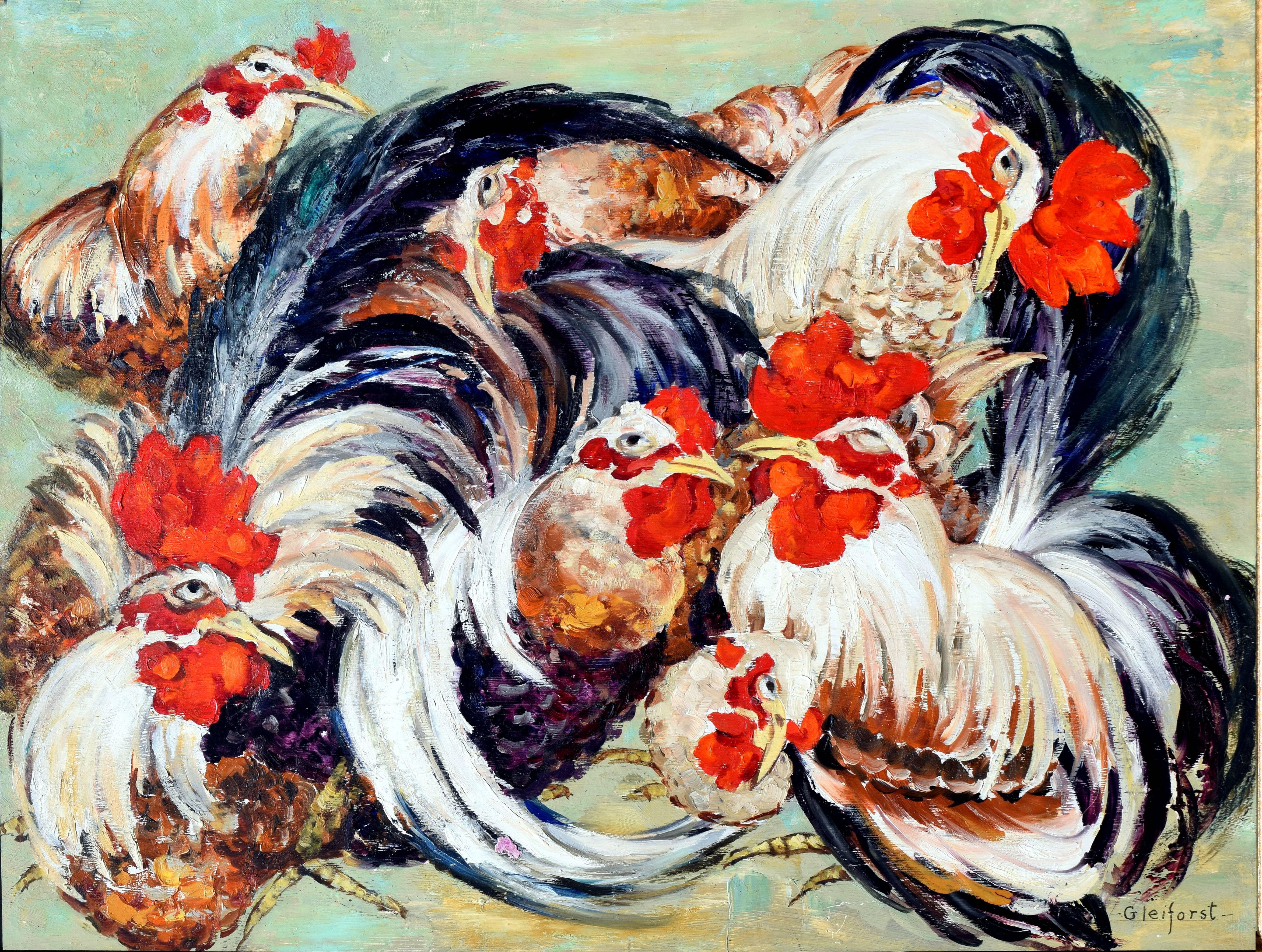 Mid Century Le Coq Gaulois, French Roosters - Painting by Helen Enoch Gleiforst