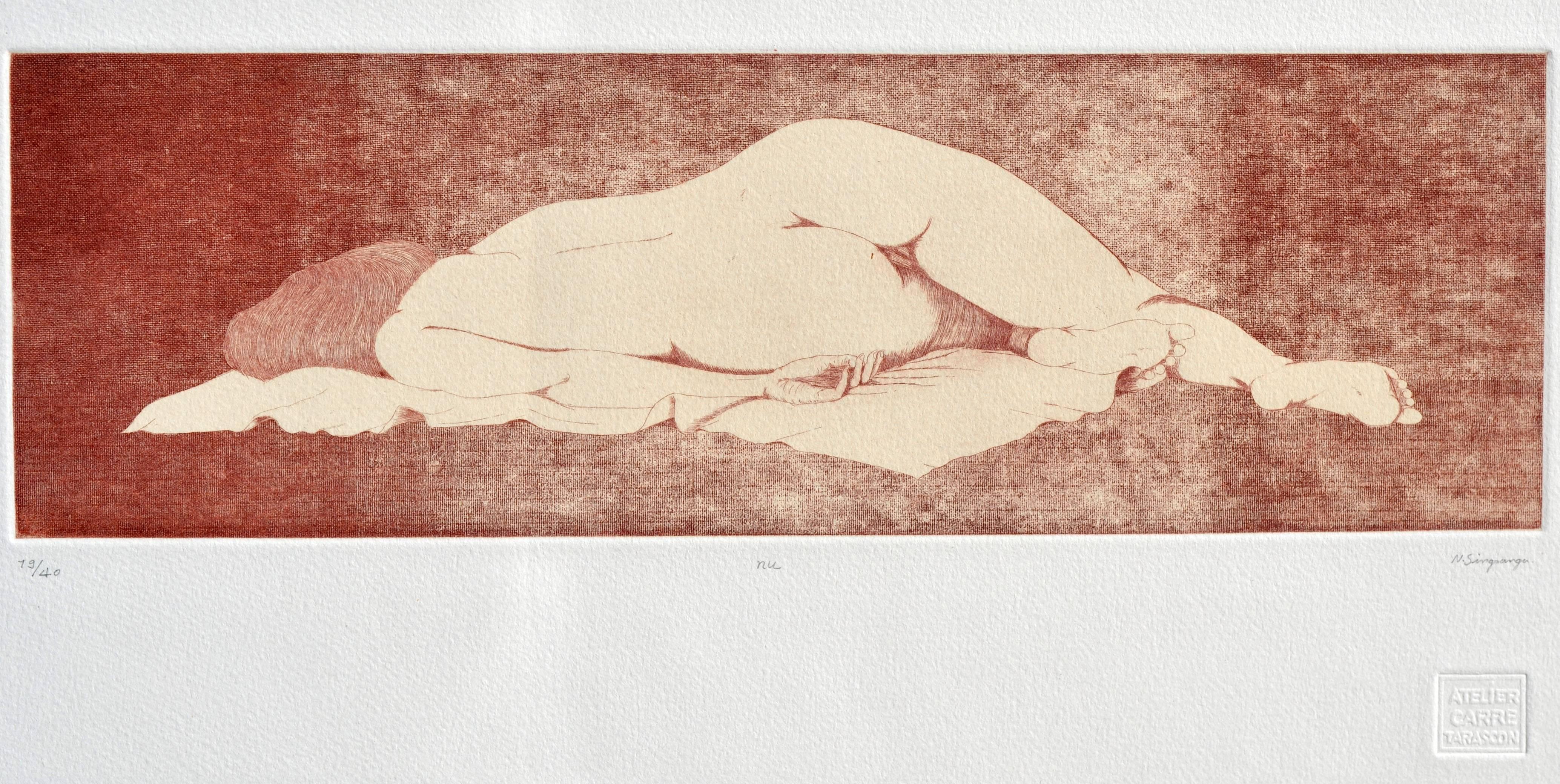 Reclining Nude Etching - Print by N. Singsanga