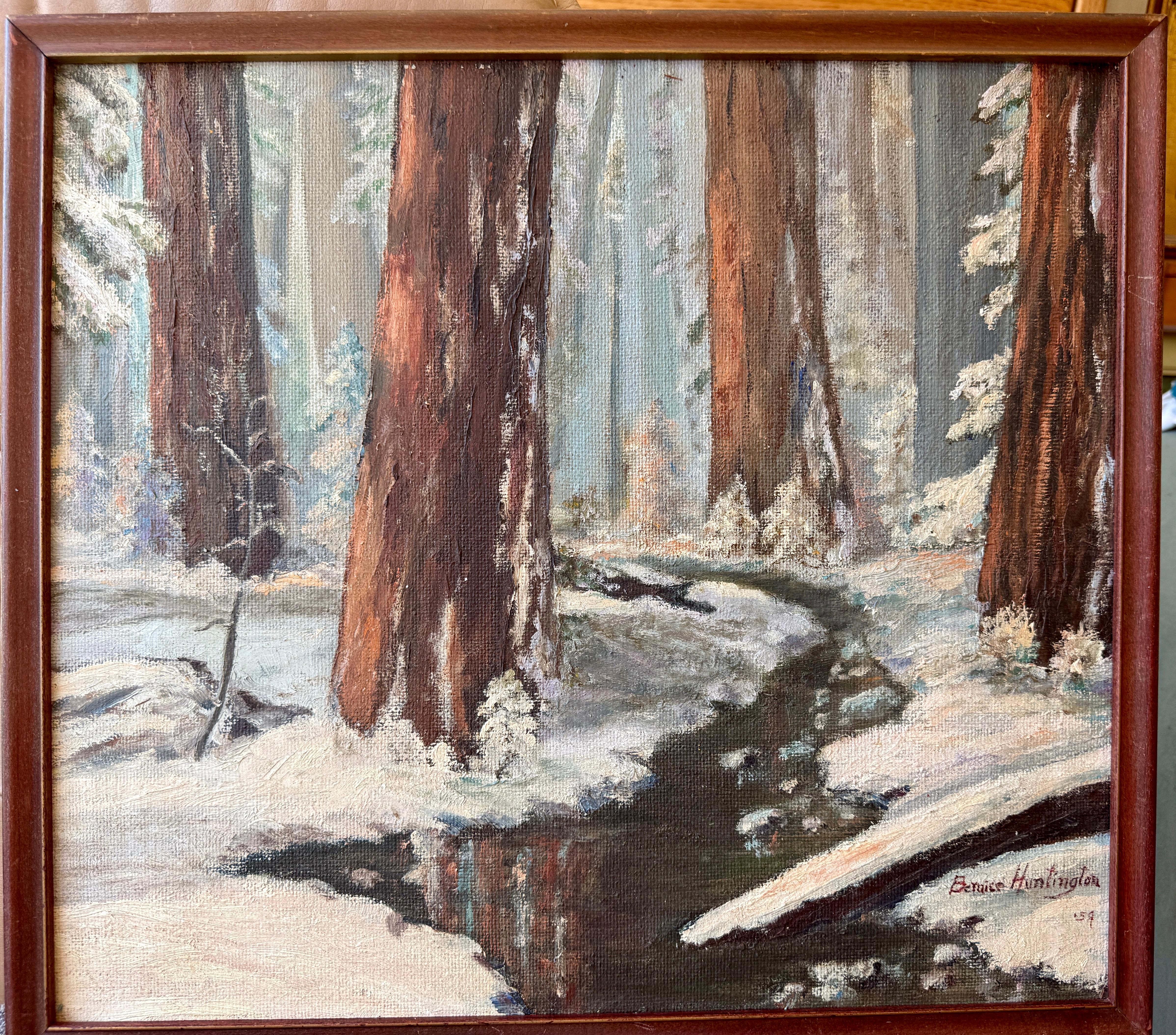 High Sierra California Redwoods in the Snow - American Impressionist Painting by Bernice Huntington