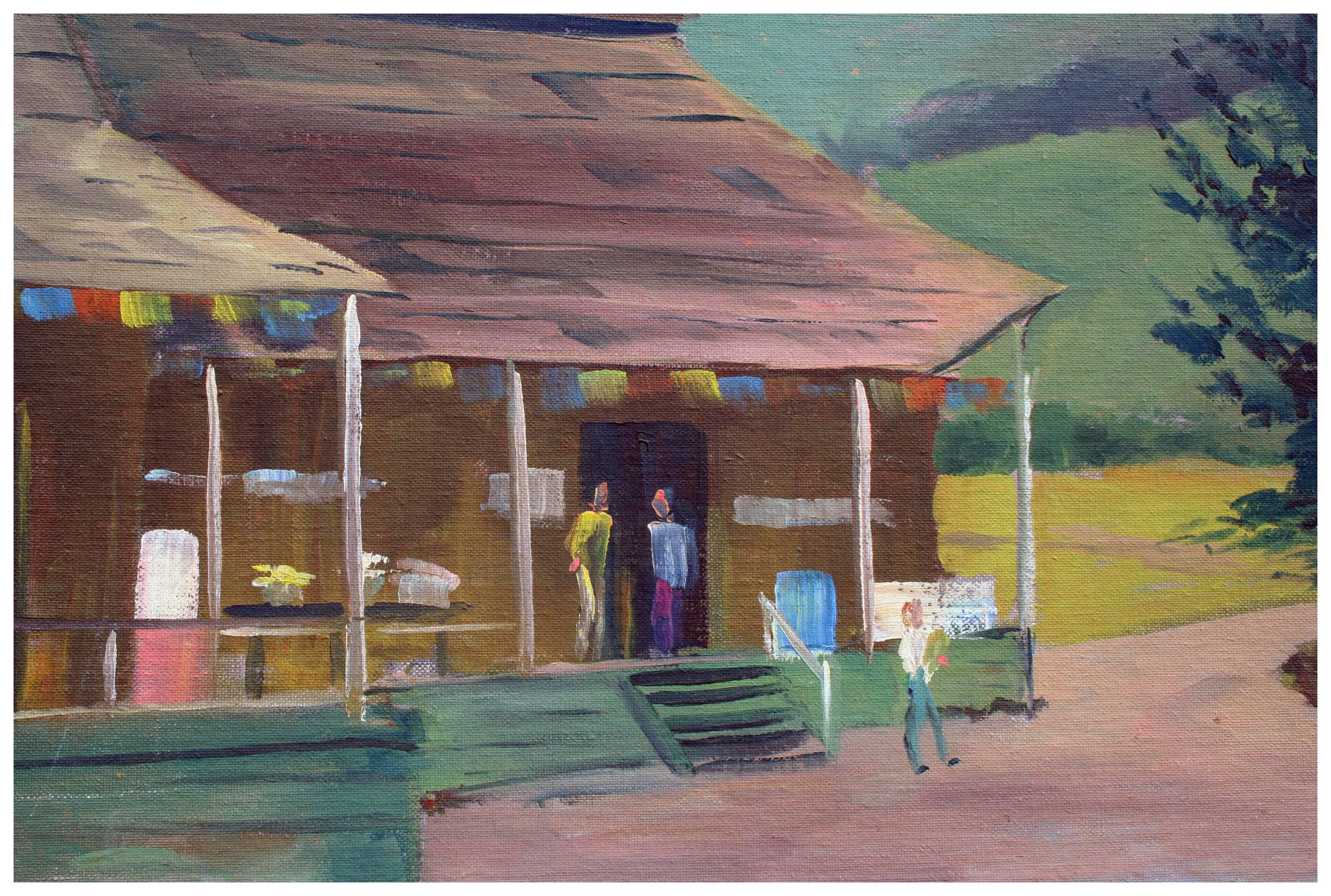Aptos Village Apfelgeschirr und Markt – figürliche Landschaft aus der Mitte des Jahrhunderts  – Painting von Jon Blanchette