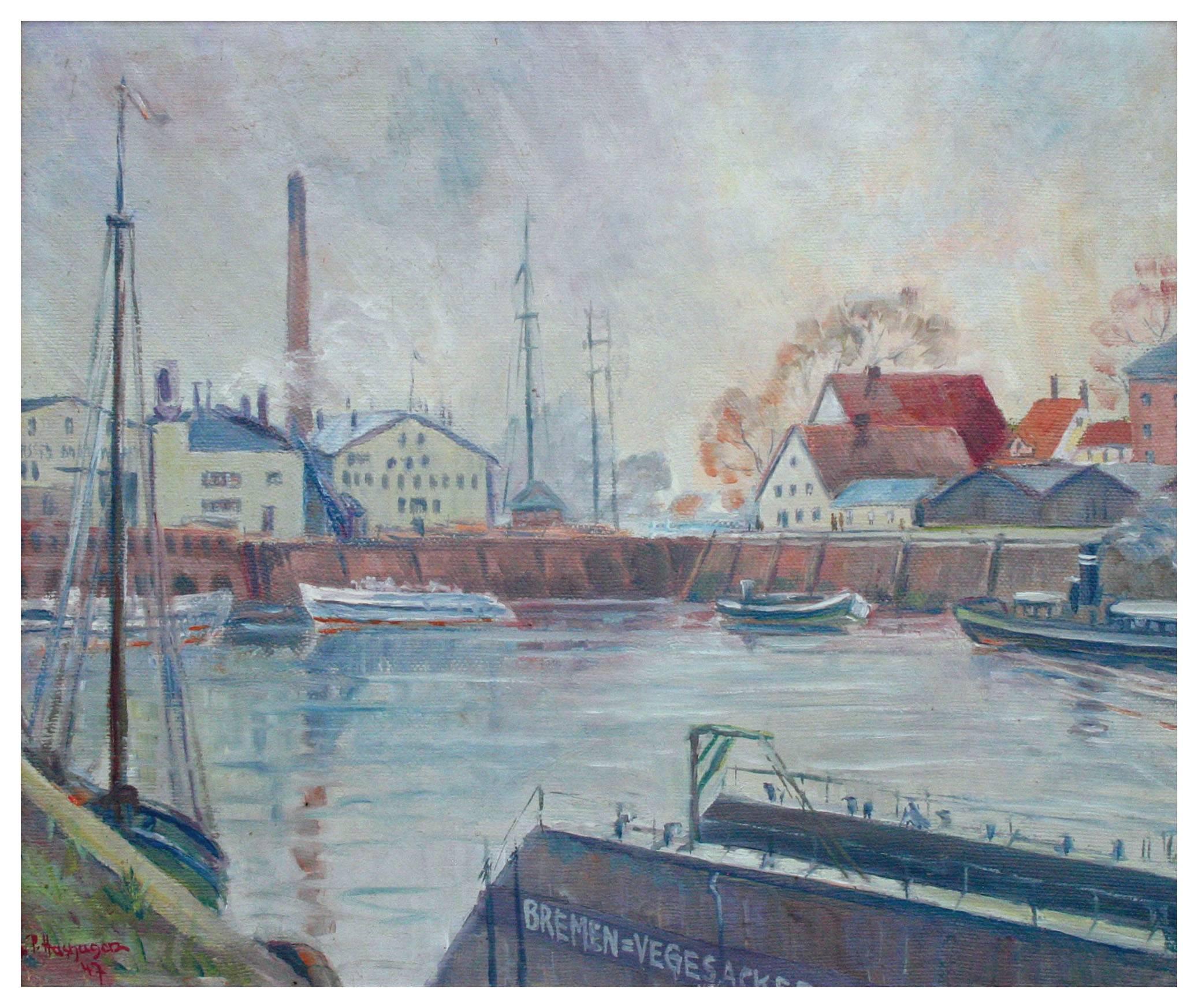 Boats in the Harbor - Mid Century Industrial Seascape  - Painting by Pieter Hashager