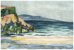 Kalifornienische Meereslandschaft, botanische Studie – doppelseitiges Aquarell