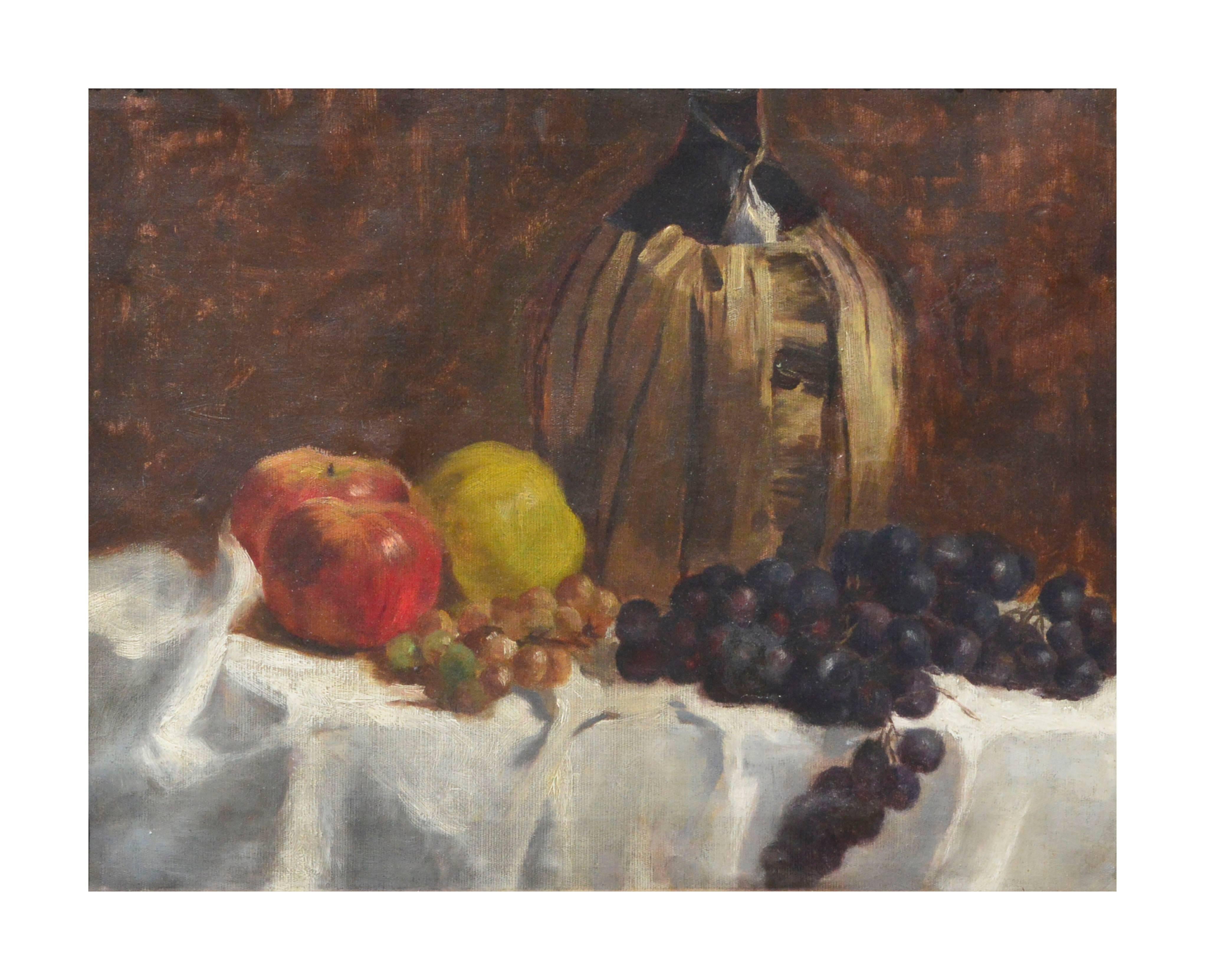 19th Century French Still Life Demijohn Bottle & Fruit - Painting by Unknown